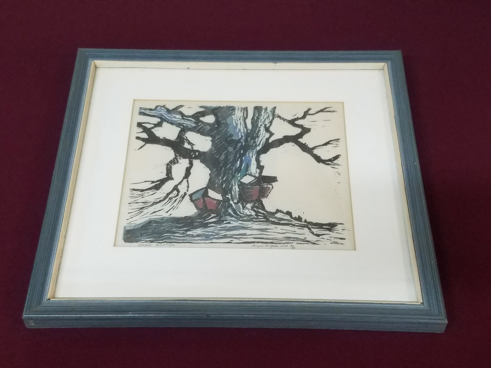 John Gnatek "Large Maple Tree" Woodblock Print: Edition 2/30. Overall with frame 13" high x 13-1/2" wide.