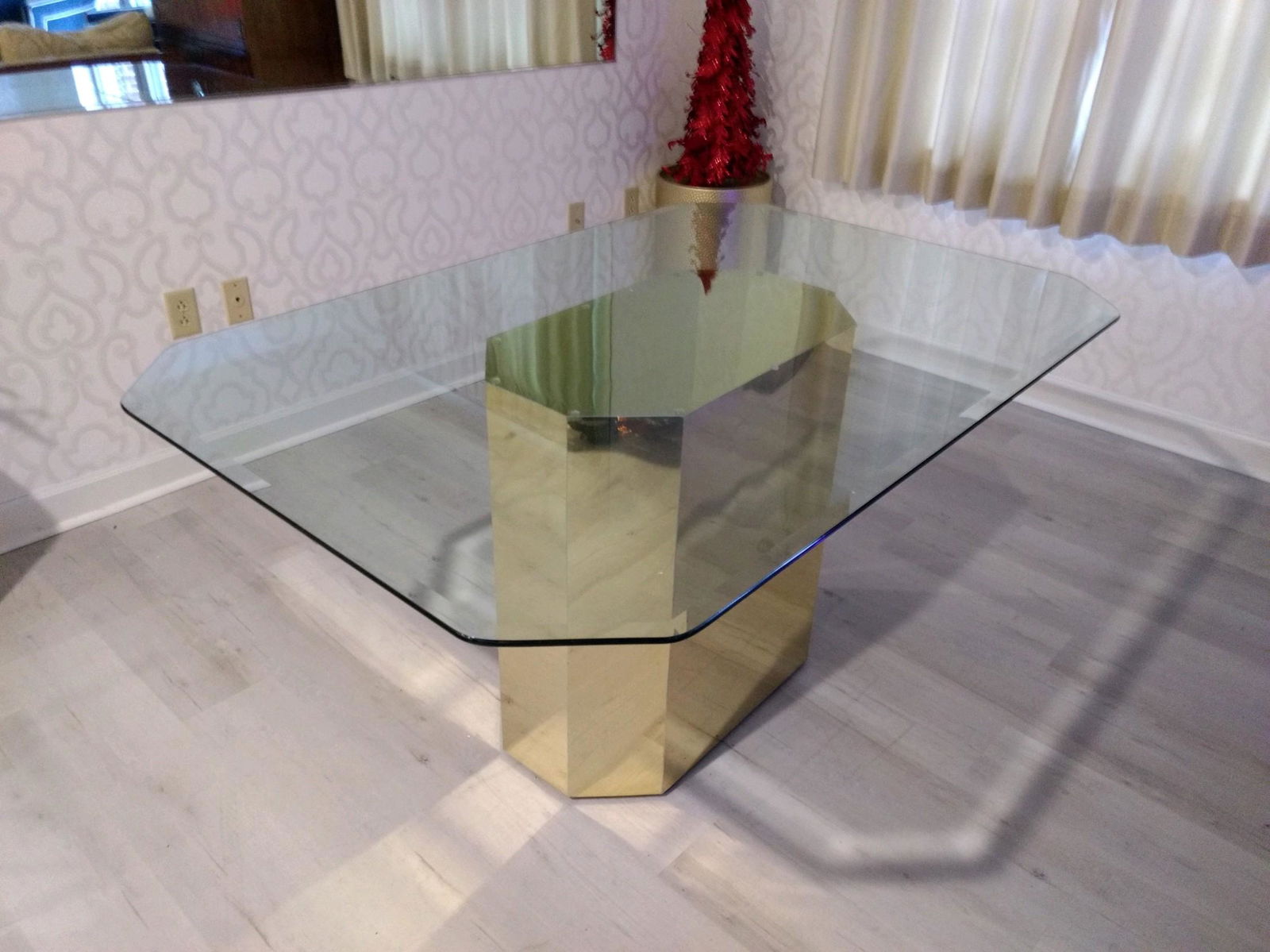 Glass Top Table with Metallic Base: 60" wide x 40" deep x 30" high. Some scratches to galss.