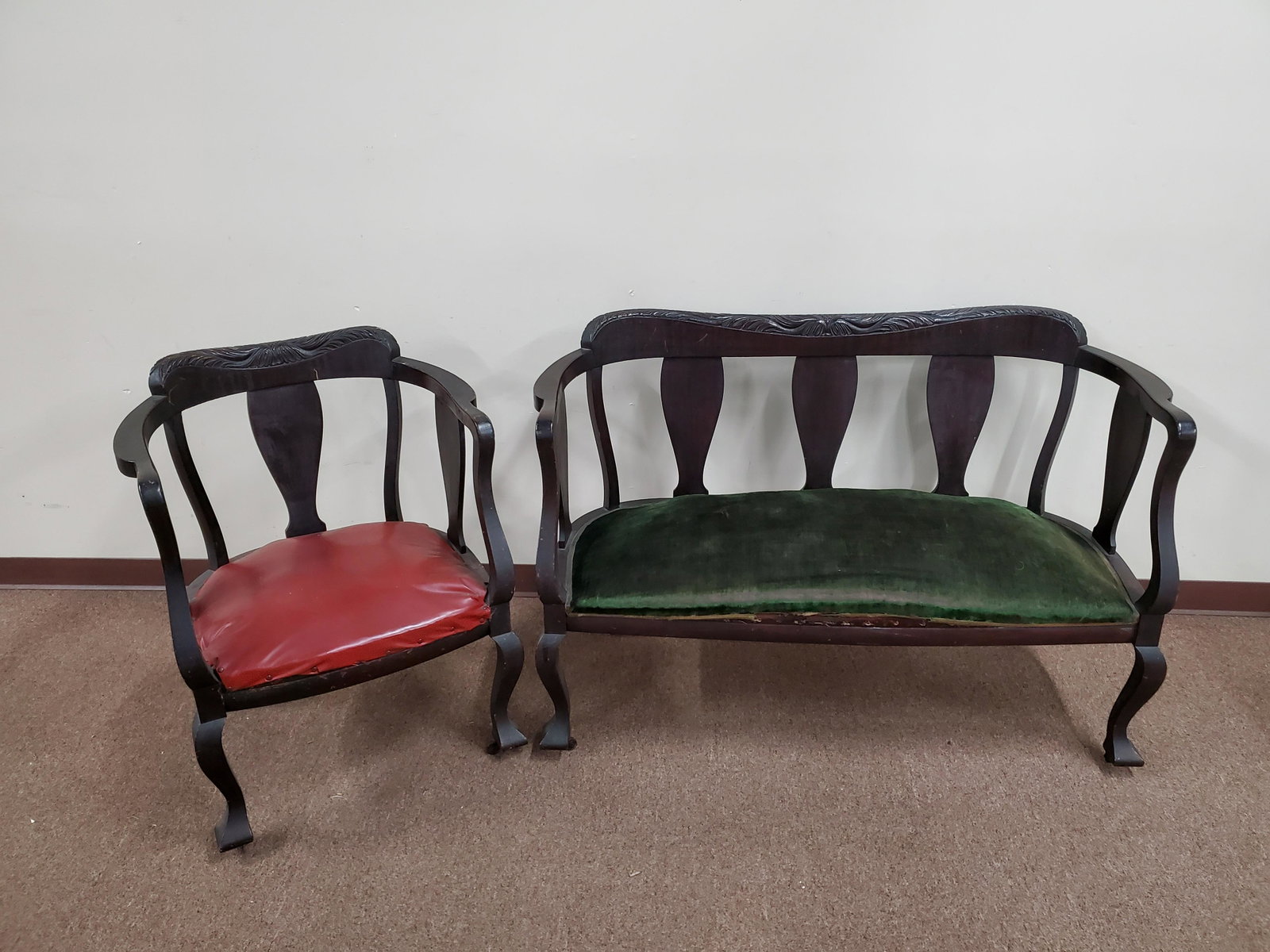 Carved Settee and Chair: Settee - 55-1/2" wide x 21" deep x 33-1/2" high. Chair - 26-1/2" wide x 22" deep x 33" high. Both with scratches and losses. Thinning fabric on upholstery.