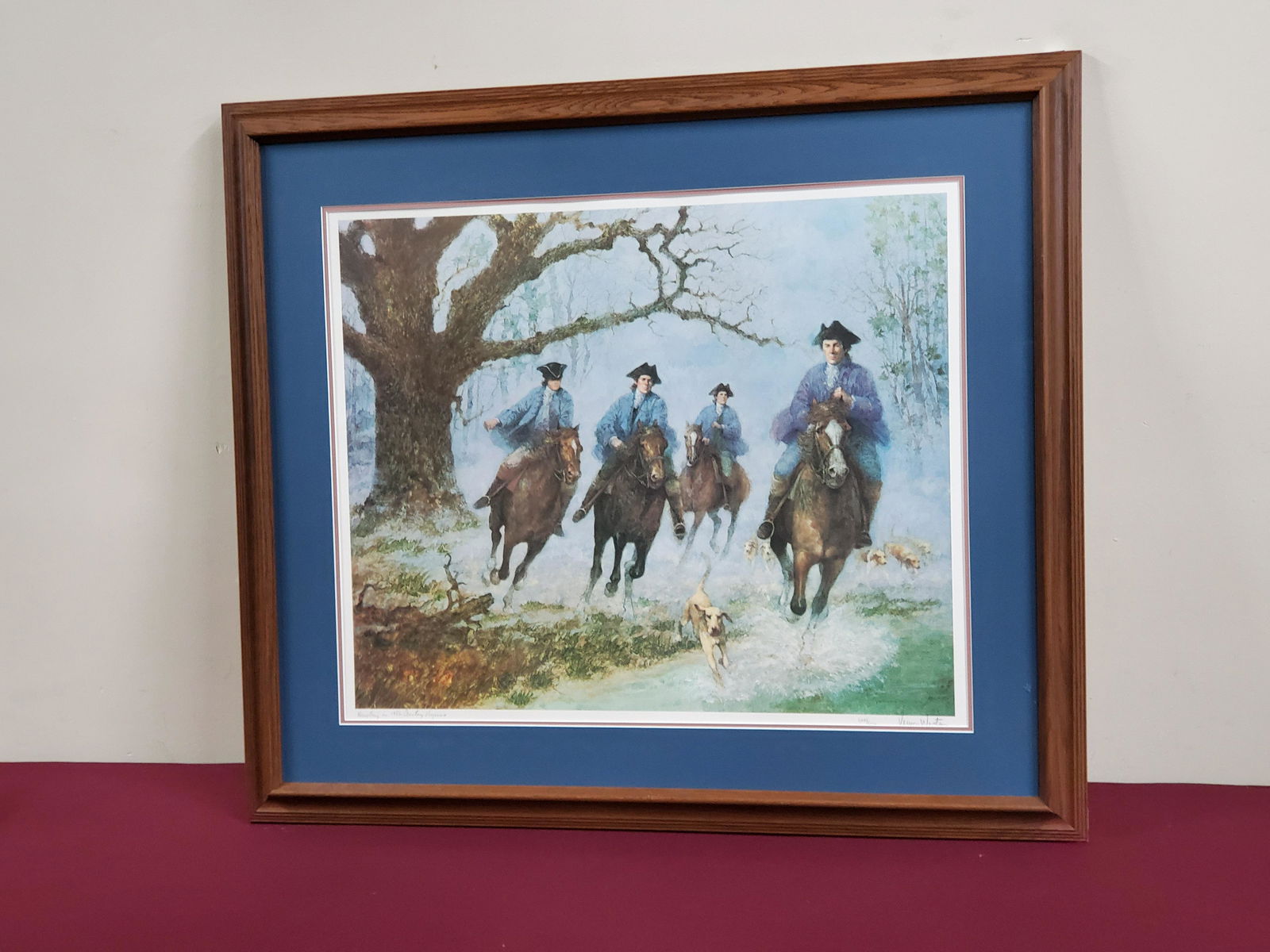Vernon Wooten Print: Hunting in 18th Century Virginia. Edititon 1,435/2004. Overall with frame 35" wide x 30-1/2" high.