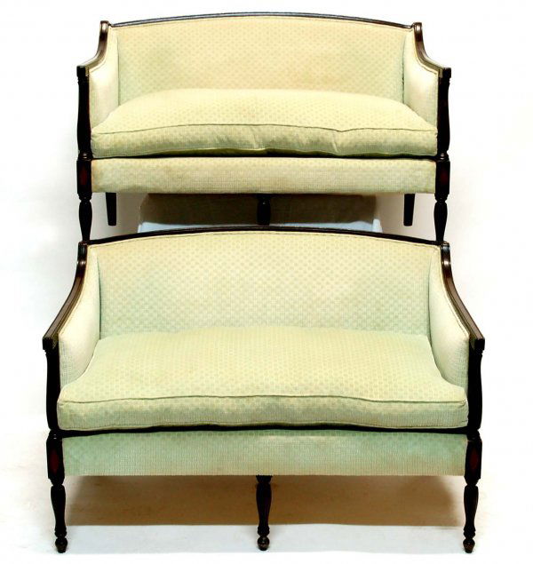 Pair of Georgian Style Settees: DESCRIPTION: A pair of Georgian style settees. Fluted arms and front legs. Diamond inlay to arm base. Pale green basketweave velvet upholstery. Mahogany. One English, 19th century. The other a later p