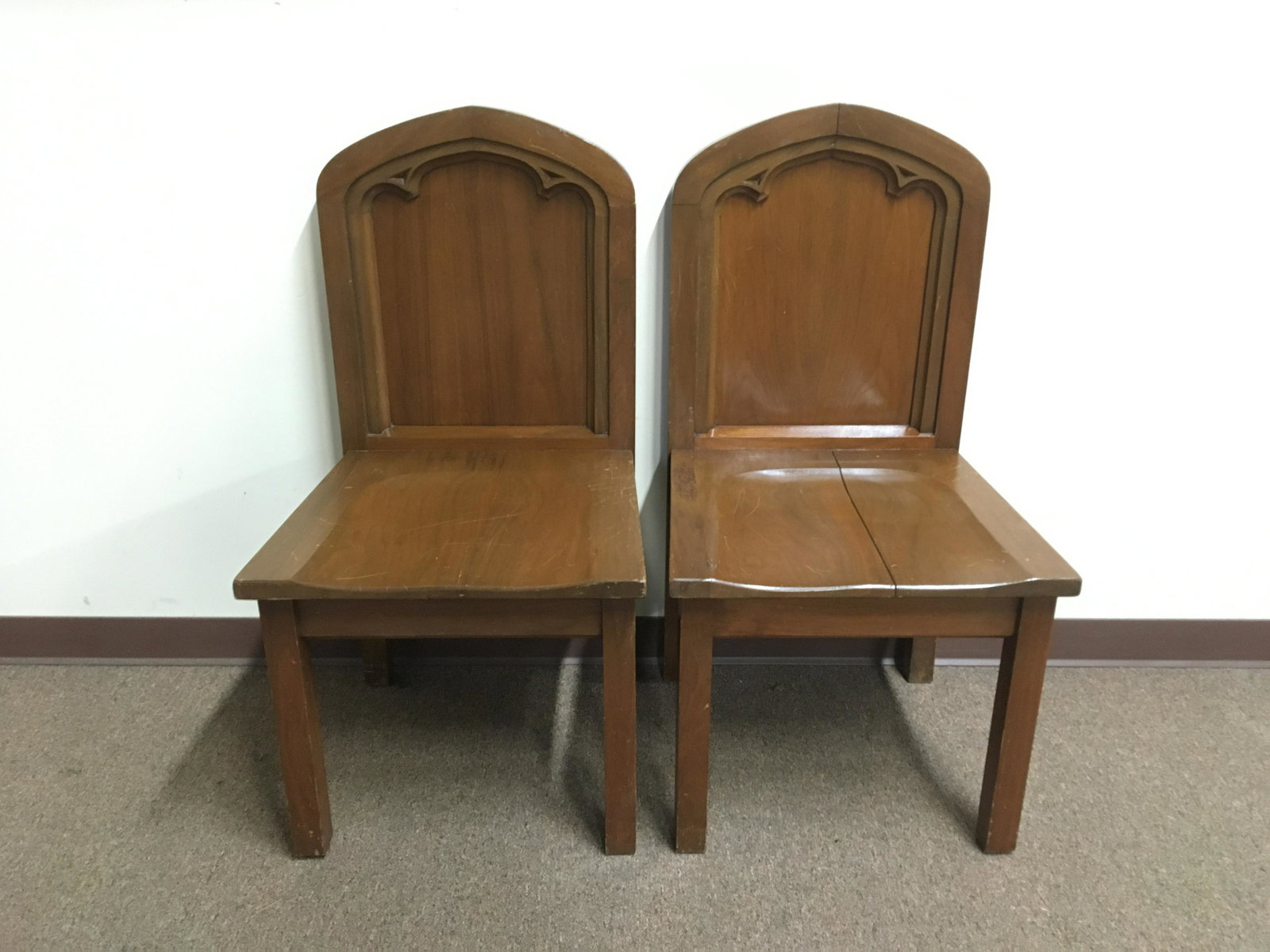 2 J.P. Redinton & Co. Church Chairs: Scranton, Pennsylvania. 20-3/4 wide x 21 deep x 40 high. Scratches throughout. Split wood to one seat.