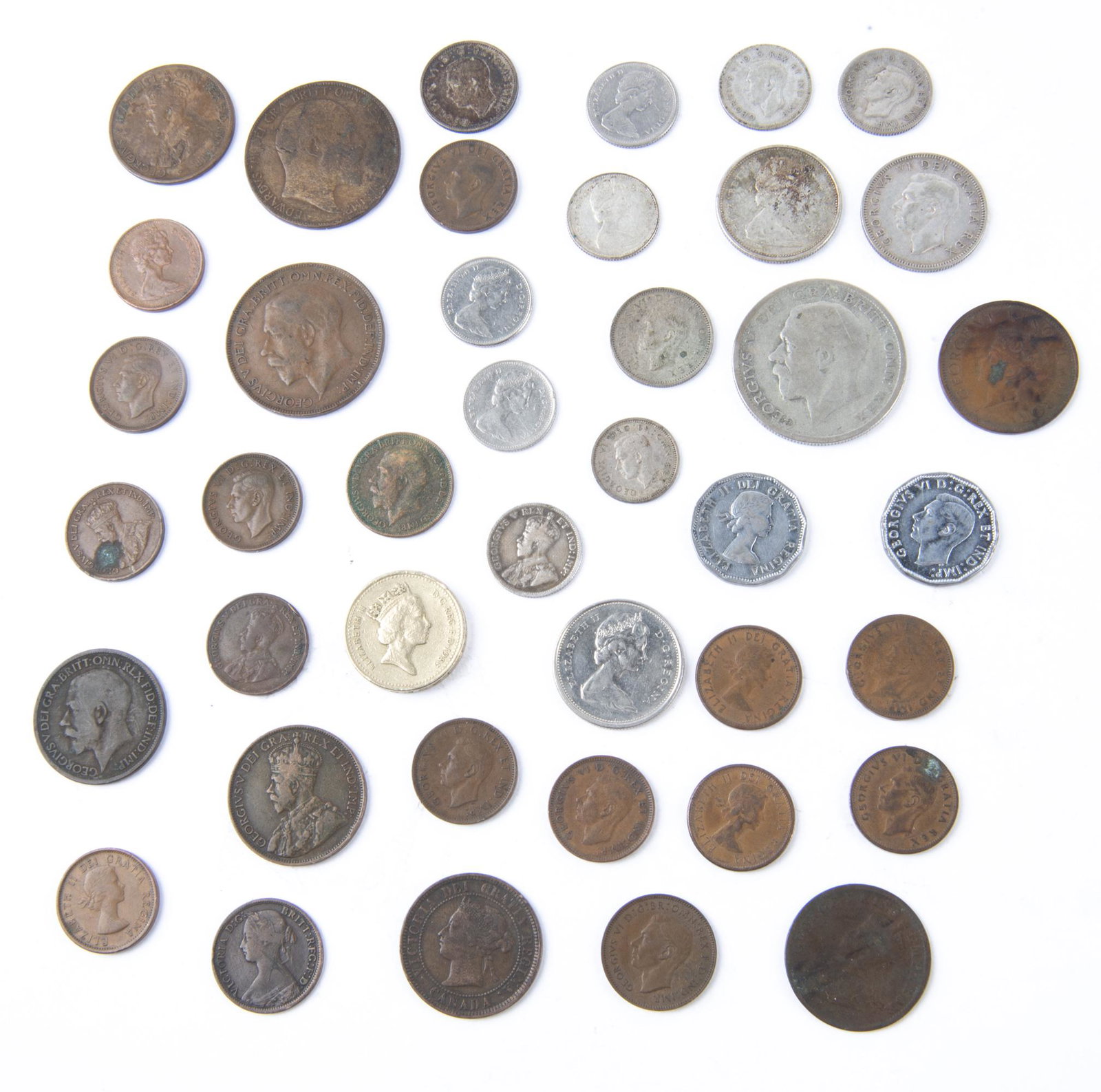 41 Pcs British Empire Coins: DESCRIPTION: Forty-one pieces British Empire coins. Includes Great Britain, Australia, India, Canada. Featuring 1864 Nova Scotia half cent, 1886 Canadian one cent, and 1929 British half crown. Some si