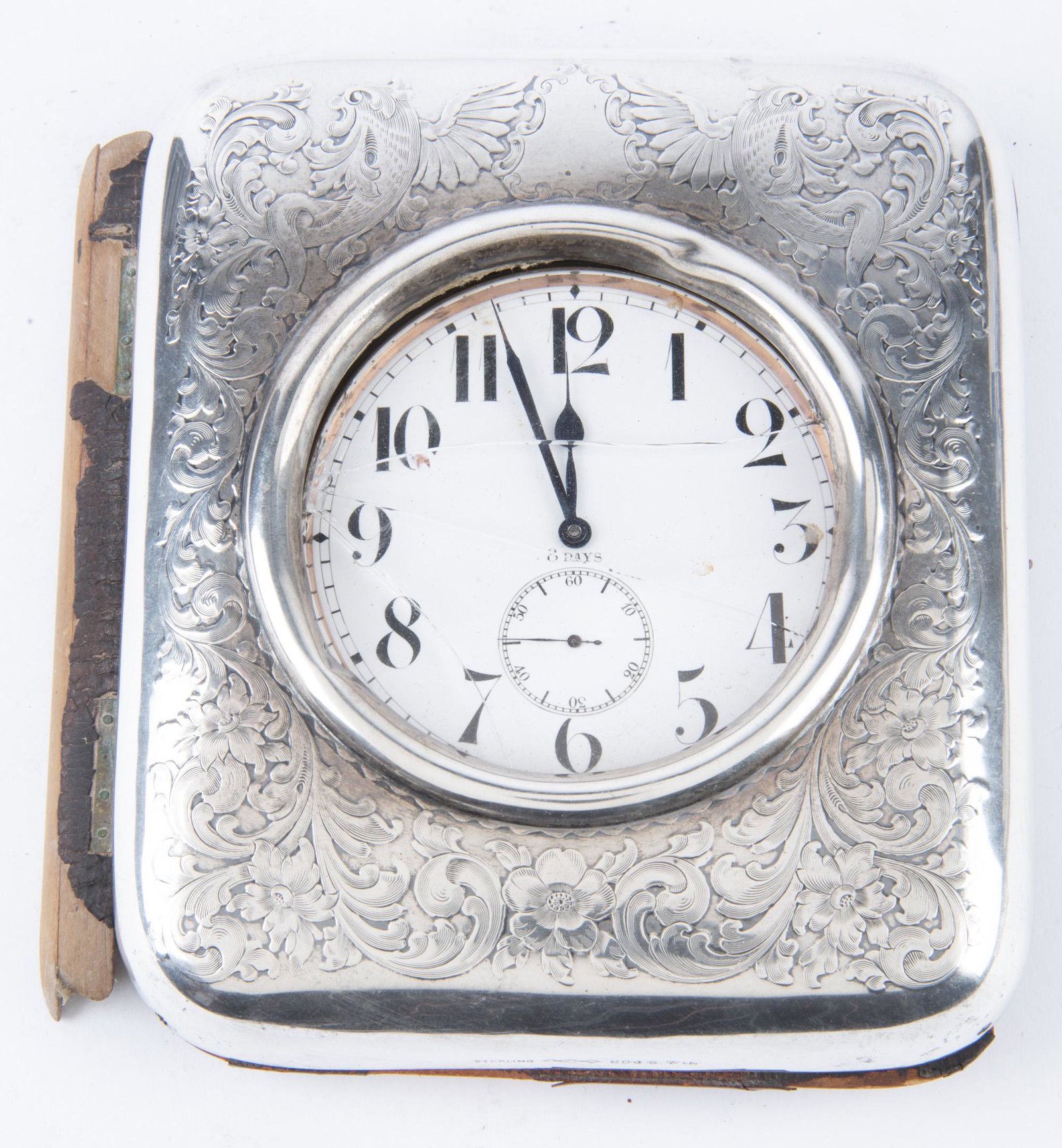 Dominick & Haff Pocket Watch in Sterling Case: DESCRIPTION: Large Dominick & Haff pocket watch in sterling case/frame. MEASUREMENTS: Case weight with liner 6.85 ozt. Watch face 3-1/2" diameter. Case 7" x 6". CONDITION: Running. Case in two pieces 