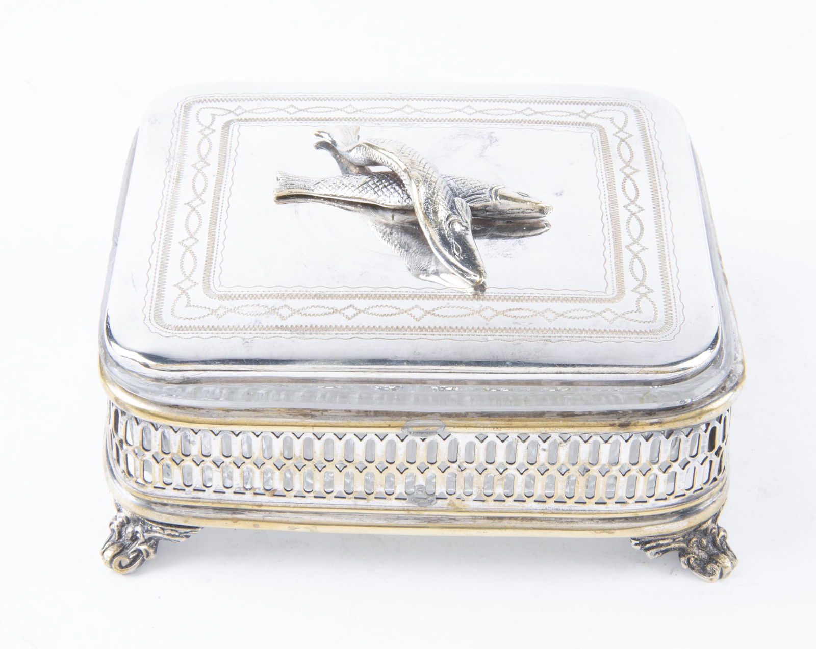 Silverplate and Cut Glass Sardine Box: DESCRIPTION: Cut glass sardine box with silverplate lid and base. MEASUREMENTS: 5-1/2" x 4-1/2" x 2-3/8". CONDITION: Wear to silver components.