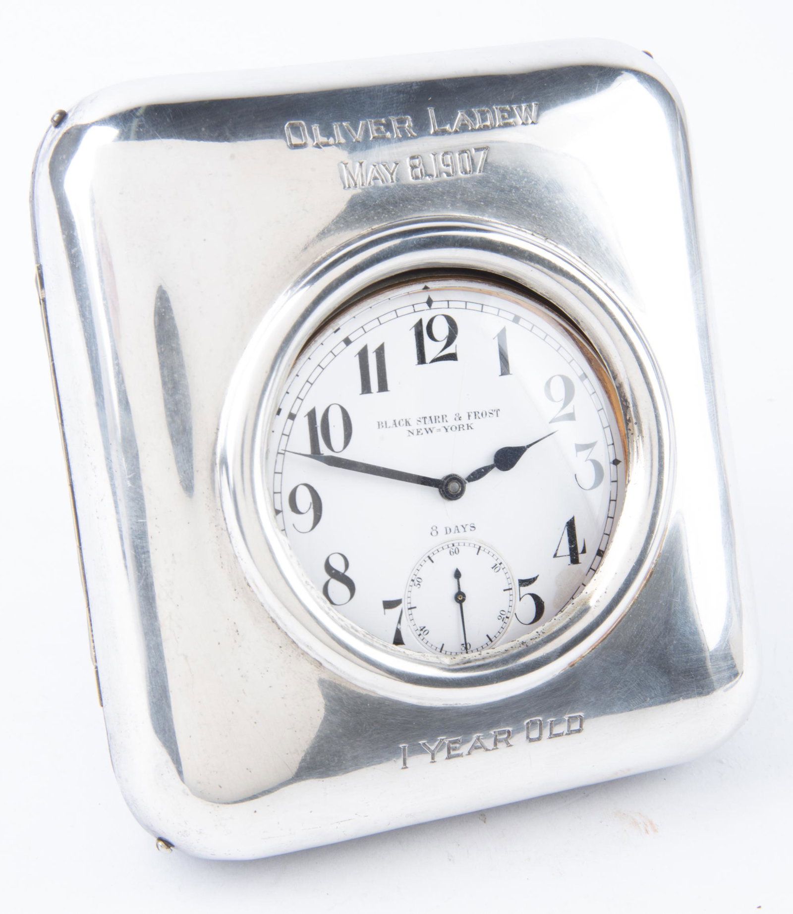 Black Starr & Frost Pocket Watch in Sterling Case: DESCRIPTION: Large Black Starr & Frost pocket watch in Sterling frame/case. Case engraved "Oliver Ladew May 8, 1907 1 Year Old". MEASUREMENTS: Case weight with liner and backing 6.85 ozt. Pocket watch