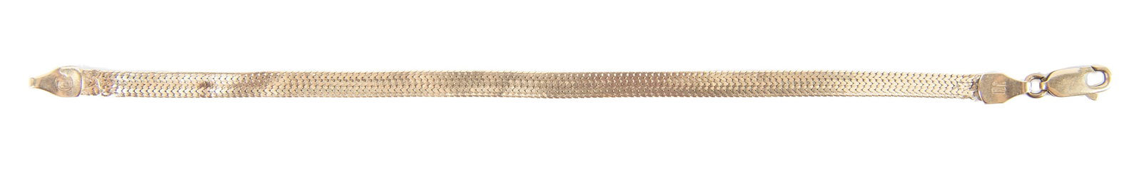 14k Bracelet: DESCRIPTION: 14k stamped bracelet. MEASUREMENTS: 3.1 dwt (4.8 gr). 6-1/2" long. CONDITION: Wear including kinks to chain and tears to ends.