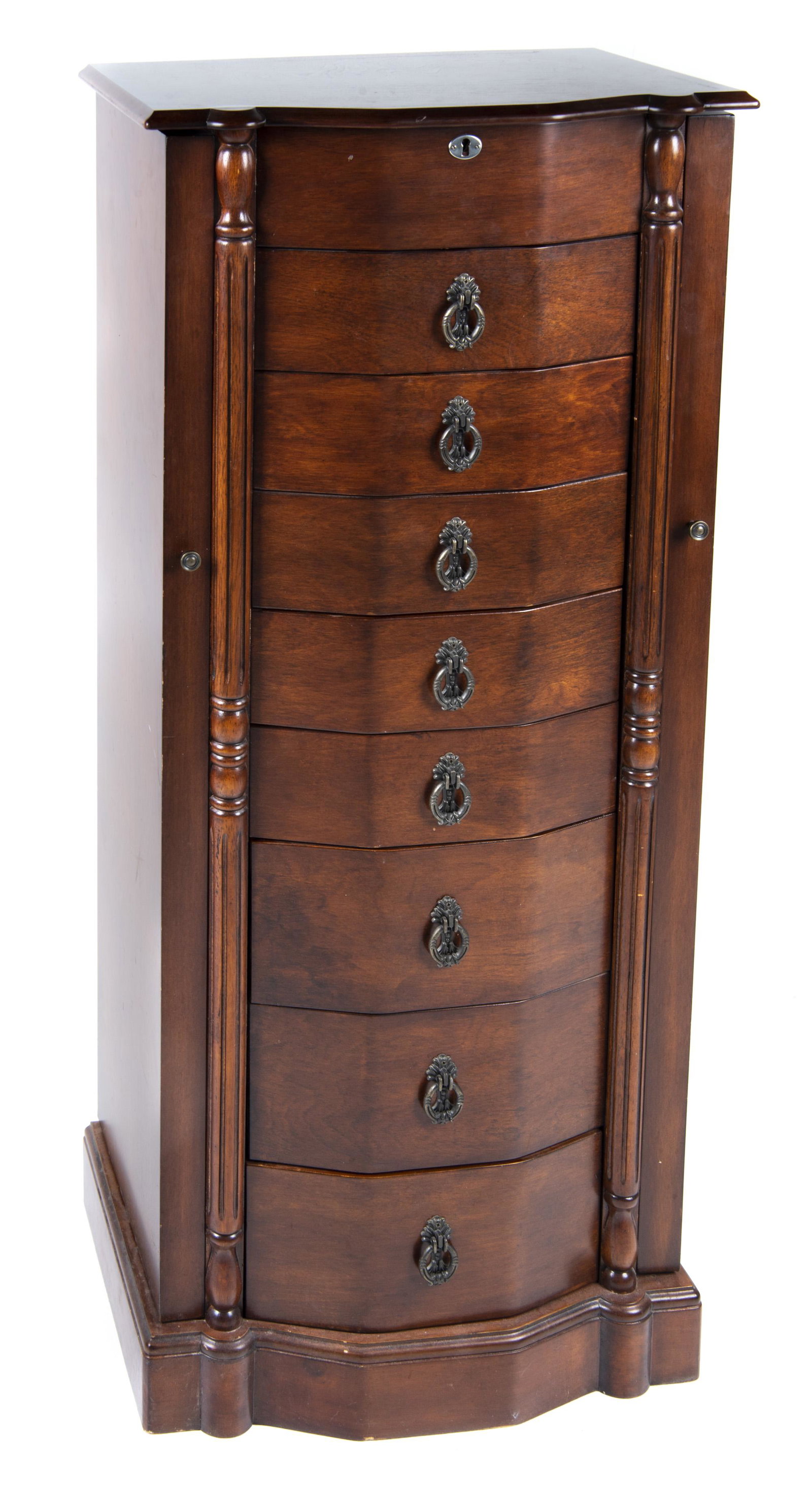 Free Standing Jewelry Armoire: DESCRIPTION: Free standing jewelry armoire. Features two hinged side doors, eight drawers, and hinged top compartment with lock. Interior lined with pink velvet. Includes key. MEASUREMENTS: 18" long x