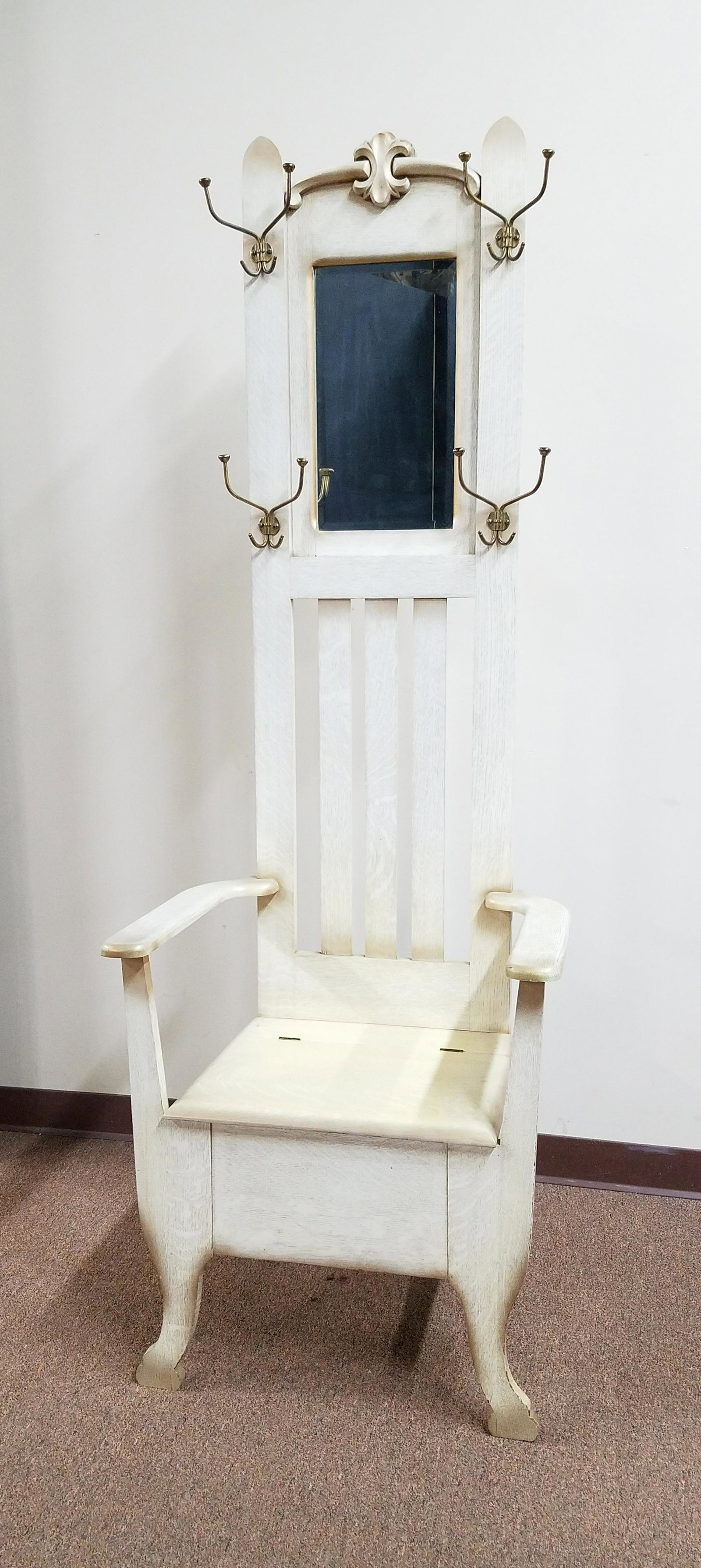Antique Oak with White Wash Hall Tree Chair: Ladies and gents. 26-1/2" wide x 18" deep x 75-1/2" high. Some spotting in mirror.
