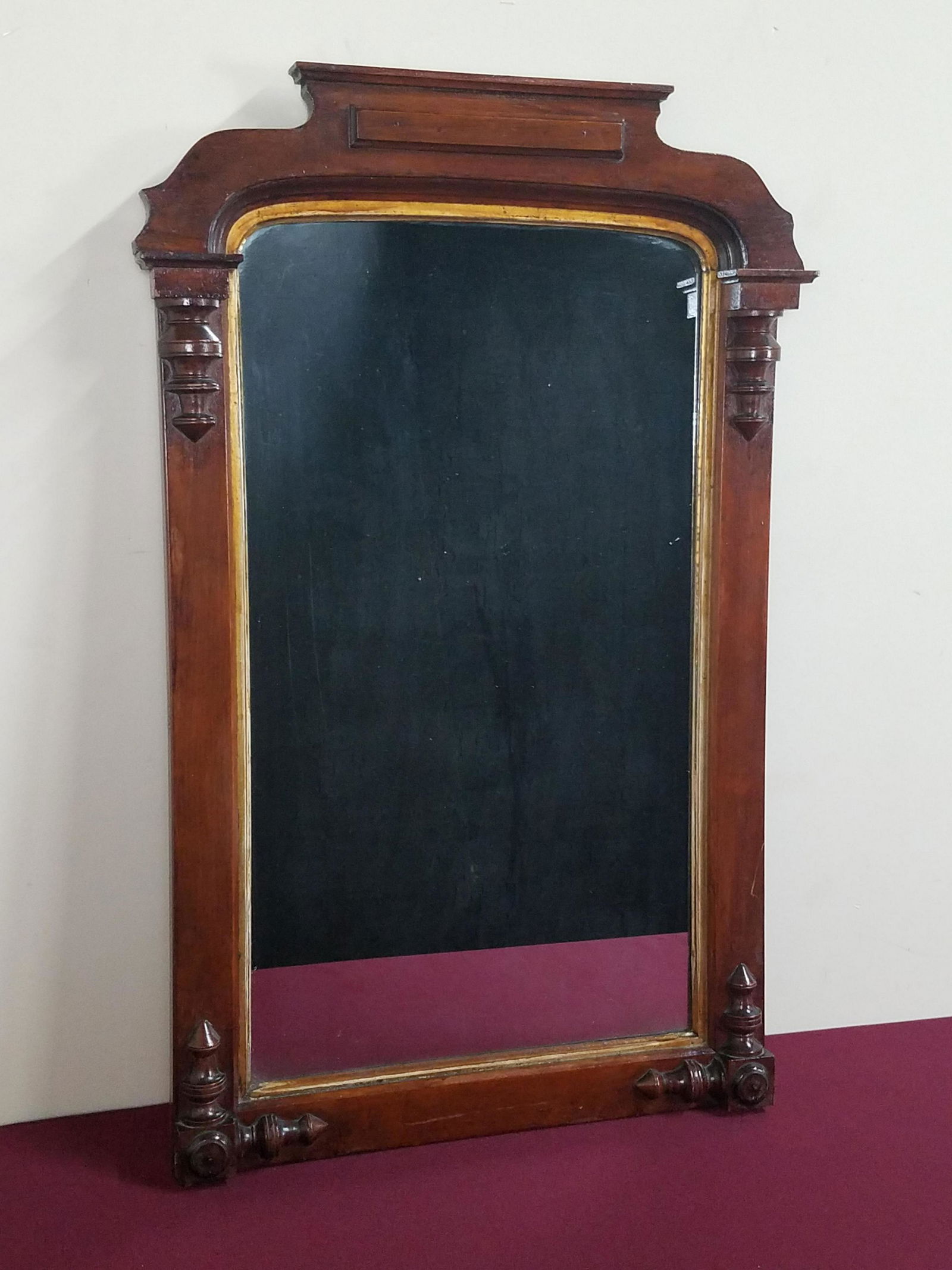 Antique Mirror: Overall with frame 34" high x 21-3/4" wide. Minor streaking in glass.
