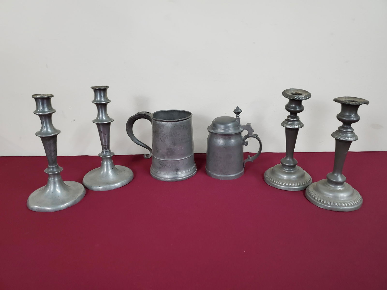 6 Pcs Antique Pewter Steins and Candle Sticks (1 of 4)