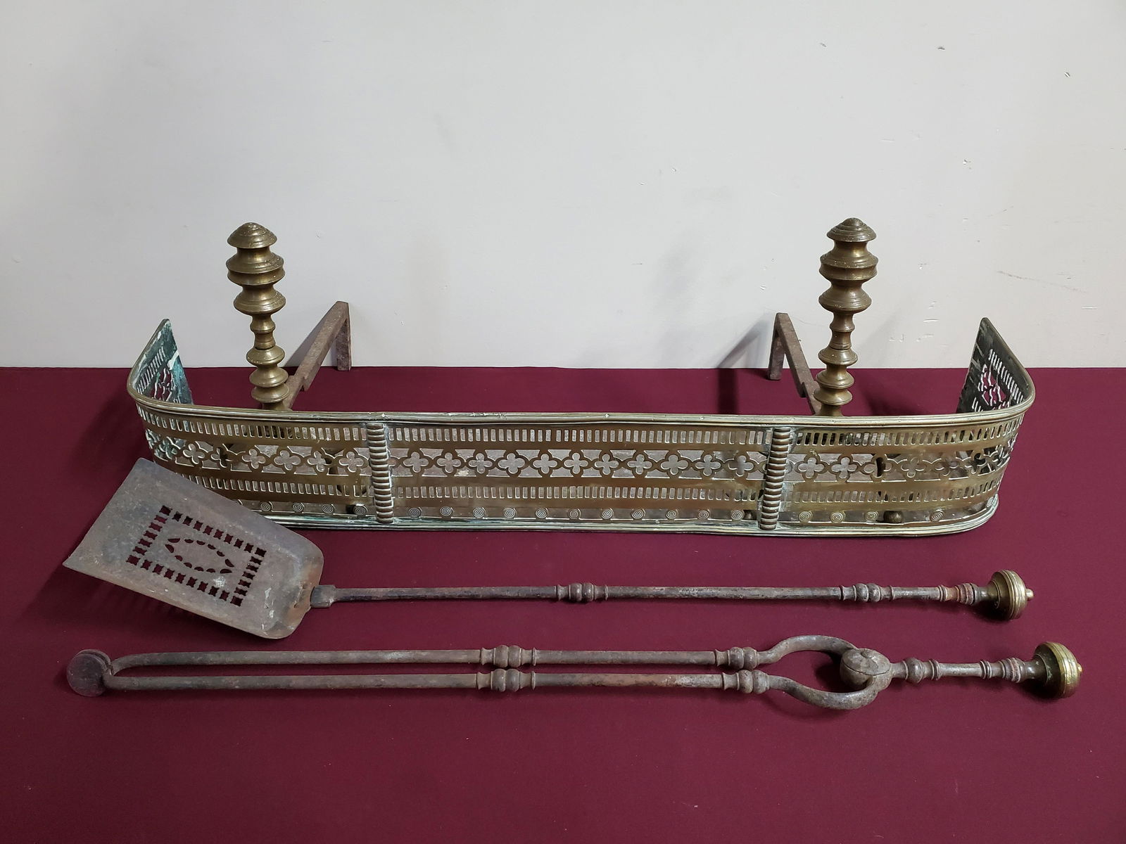 Antique Brass Fireplace Fender, Tools and Andirons (1 of 6)