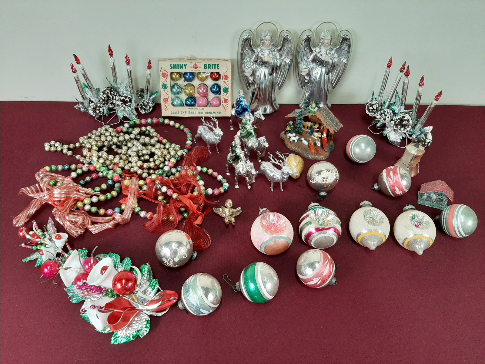 44 Pcs Vintage Christmas: Includes ornaments, garland, lights, and Hong Kong nativity.