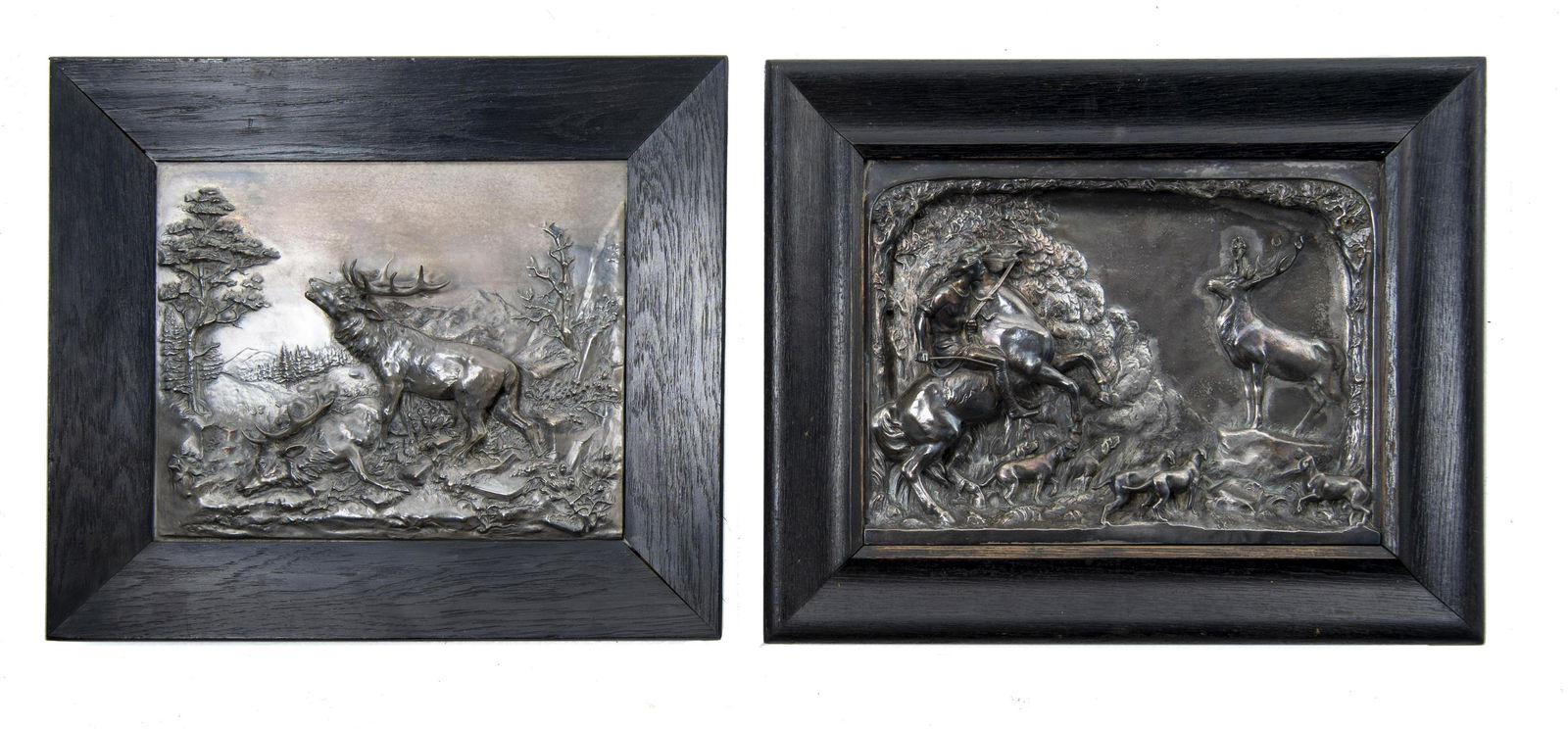 2 German Silver Plated Relief Plaques: DESCRIPTION: Two German silver plated relief plaques in painted wood frames. Includes: 1) Fritz Diller (German 1875-1945). WMF silver plate plaque. Two stags in mountainous landscape. Signed "Diller"
