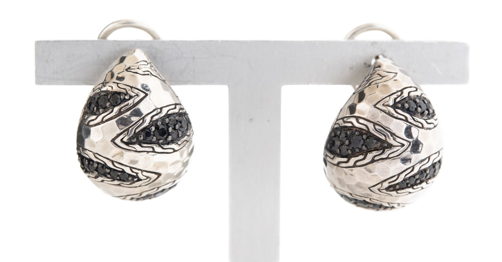 John Hardy Sterling Macan Sapphire Earrings: DESCRIPTION: John Hardy sterling Palu Macan black sapphire earrings. Omega backs. Marked for John Hardy. MEASUREMENTS: 3/4". CONDITION: Very light wear.