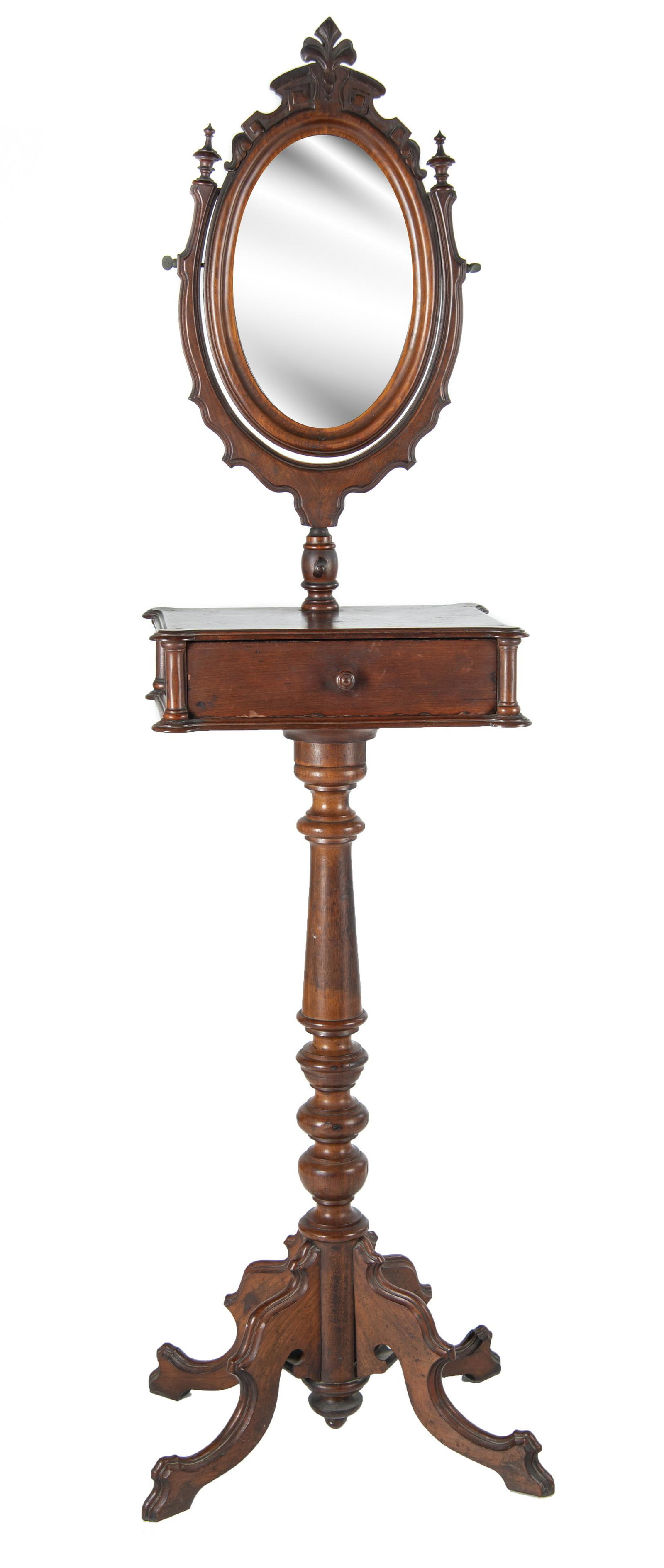 Victorian Gentleman's Shaving Stand: DESCRIPTION: Victorian gentleman's shaving stand with adjustable mirror. Single dovetail drawer. MEASUREMENTS: 20-1/2" wide x 14" deep x 70-3/4" high. CONDITION: Light surface wear.