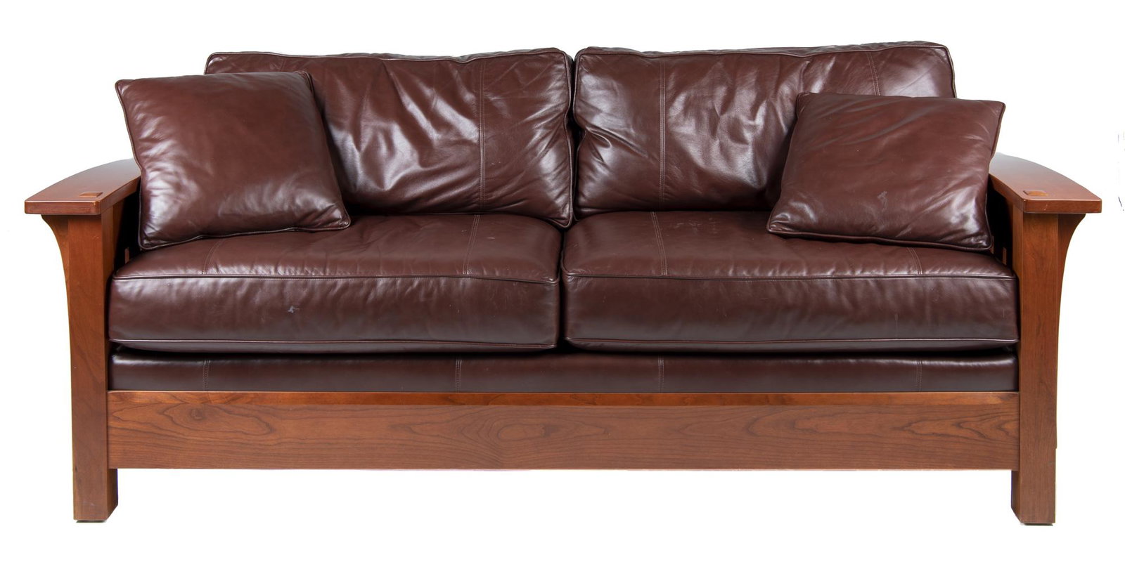Stickley Audi & Co. Orchard St. Sofa: DESCRIPTION: Stickley Audi & Co. Orchard St. cherry sofa with leather cushions and pillows. Label under cushions. An adaptation of Leopold Stickley's original 1905 design. MEASUREMENTS: 82-1/4" wide x
