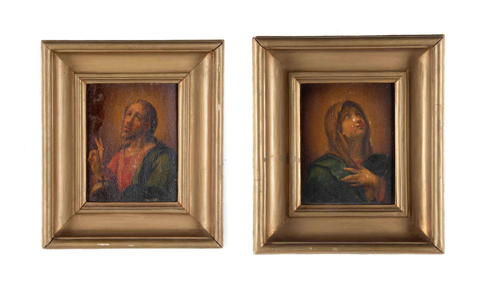 2 18th/19th C. Paintings of Jesus & the Madonna: DESCRIPTION: Two works of Continental School, late 18th/early 19th century. Oil on board. Includes Jesus and the Madonna. Unsigned. In gold painted wood frames. MEASUREMENTS: Each sight 7-1/4" x 5-1/2