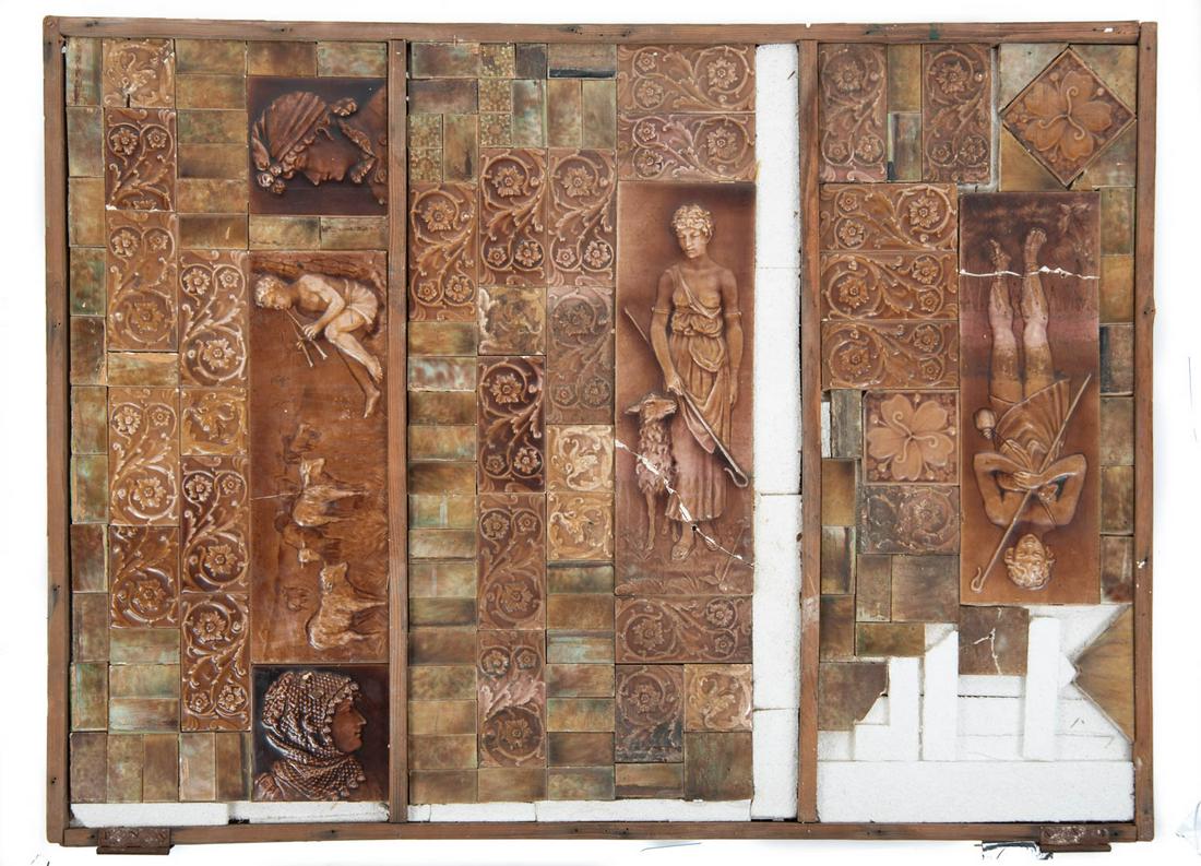 125 Pieces Antique Trent Tile Co. Fireplace Tiles: DESCRIPTION: 125 pieces of vintage fireplace tiles by Trent Tile Company of Trenton, New Jersey. Tiles vary with floral, plain, portrait, and shepherd designs. Tiles also vary in brown, green, and red