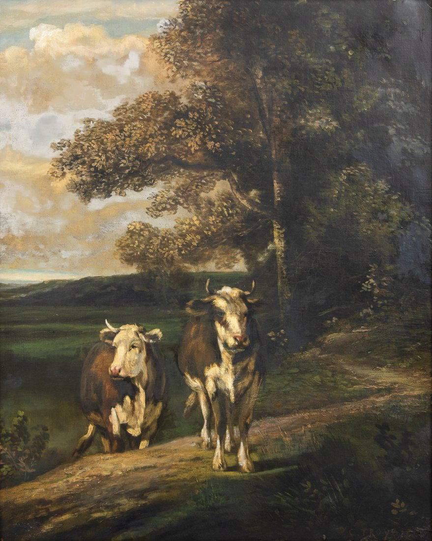 Constant Troyon (French, 1810-1865): DESCRIPTION: Constant Troyan (French, 1810-1865). Oil on canvas. Pastoral landscape with cows. Signed lower right. In gilt and gesso frame. MEASUREMENTS: Sight 28-3/8" x 23". Overall with frame 41-1/2