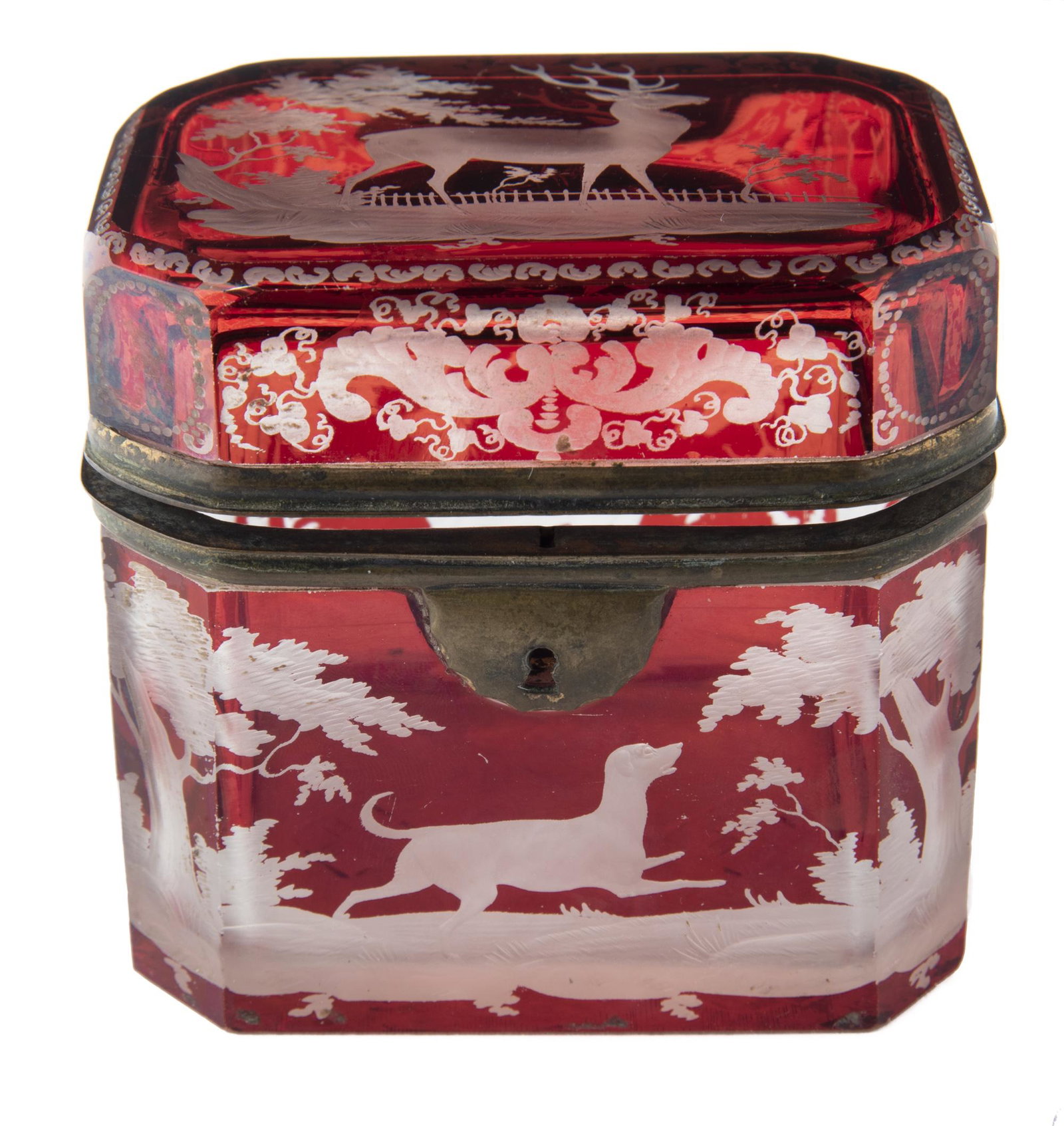 19th C. Bohemian Ruby Glass Dresser Box: DESCRIPTION: Bohemian ruby glass dresser box. Circa 1860s. Etched with dogs, stags, and birds. MEASUREMENTS: 3-3/4" x 3" x 3-3/8". CONDITION: Light wear to metal components.