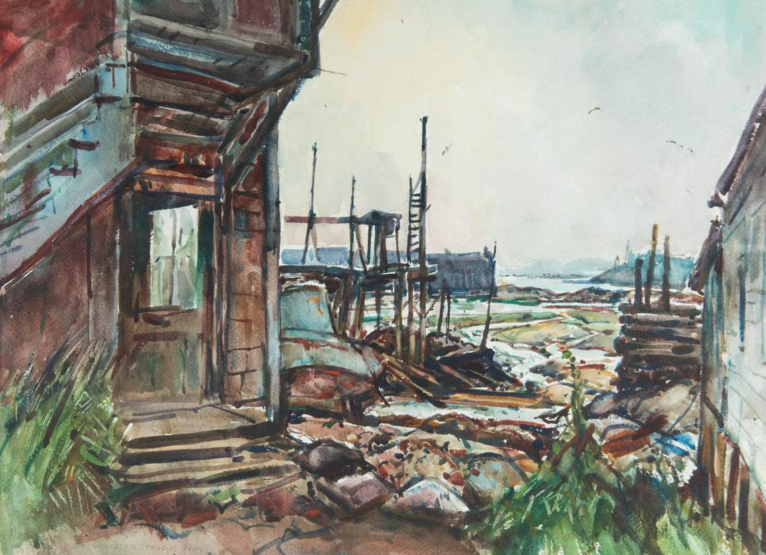 William Lester Stevens (American, 1888-1969): DESCRIPTION: William Lester Stevens (American, 1888-1969). Watercolor on paper. Village harbor scene. Signed lower left "W. Lester Stevens". Matted in wood frame. MEASUREMENTS: Sight 17-1/2" x 23-1/4"