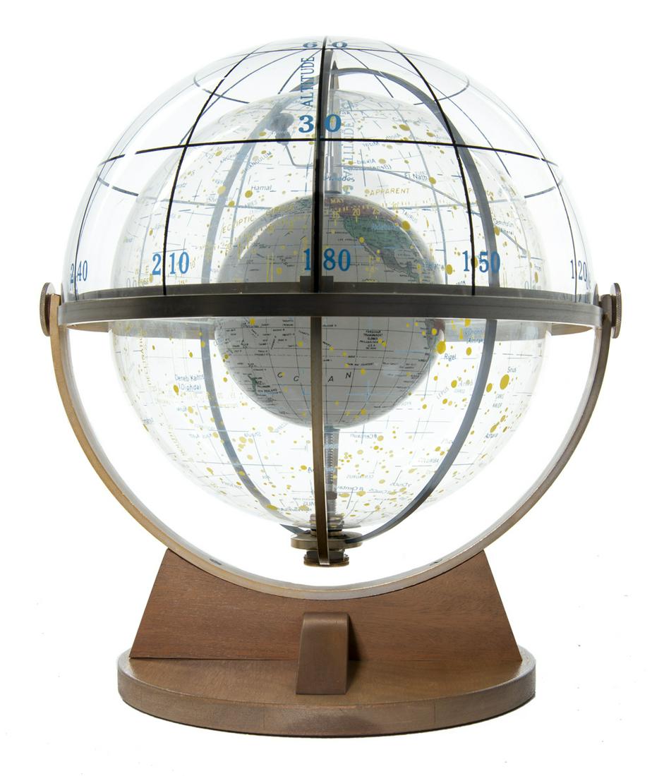 Farquhar Transparent Globe, Naval Navigation: DESCRIPTION: Farquhar transparent globes or Naval celestial navigation sphere. 1953. Globes feature reverse-painted and vinyl-printed plexiglass with anodized aluminum arms. Base is stained beech with
