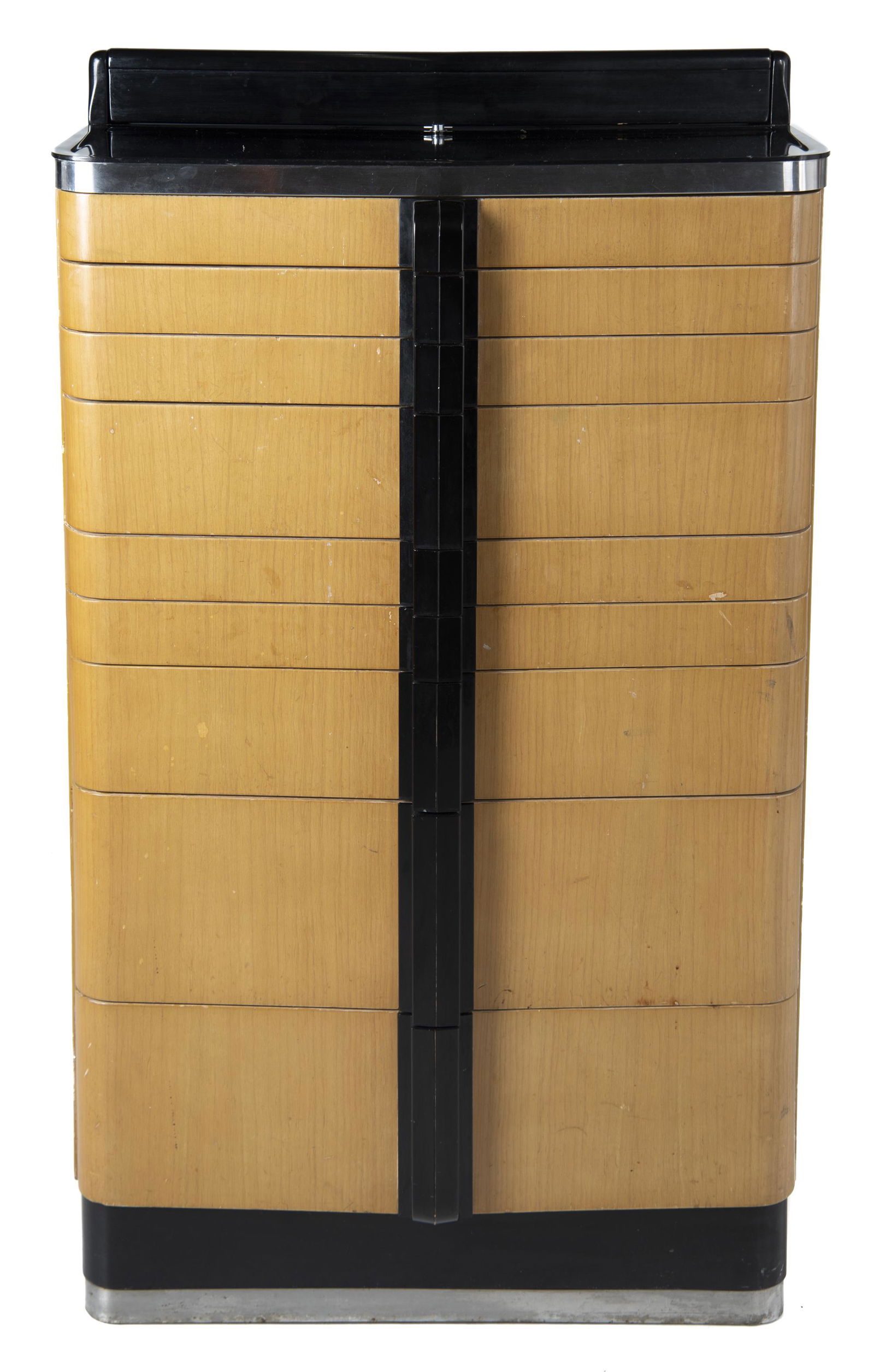 American Cabinet Co. Art Deco Dental Cabinet: DESCRIPTION: American Cabinet Company Art Deco dental cabinet. Nine drawers, lift-top compartment, wood veneer black accents, chrome trim, and porcelain drawer accessories. MEASUREMENTS: 27-1/2" wide