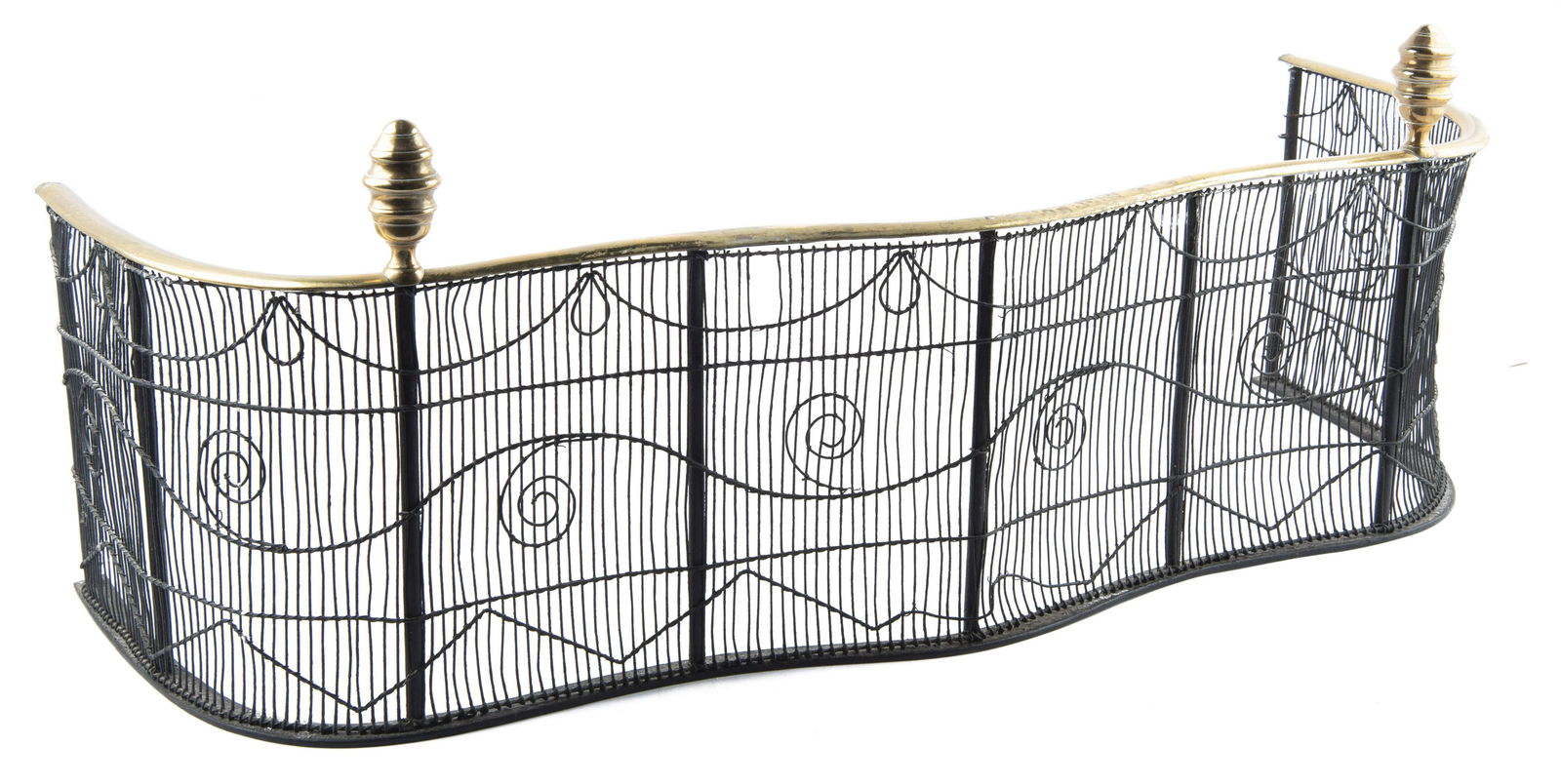 Federal Brass & Wire Fireplace Fender: DESCRIPTION: Federal style brass and wire fireplace fender. 19th century. With brass finials and swirling design to wire grate. MEASUREMENTS: 36-3/4" x 14" x 13-1/2". CONDITION: Corrosion to metal. Mi