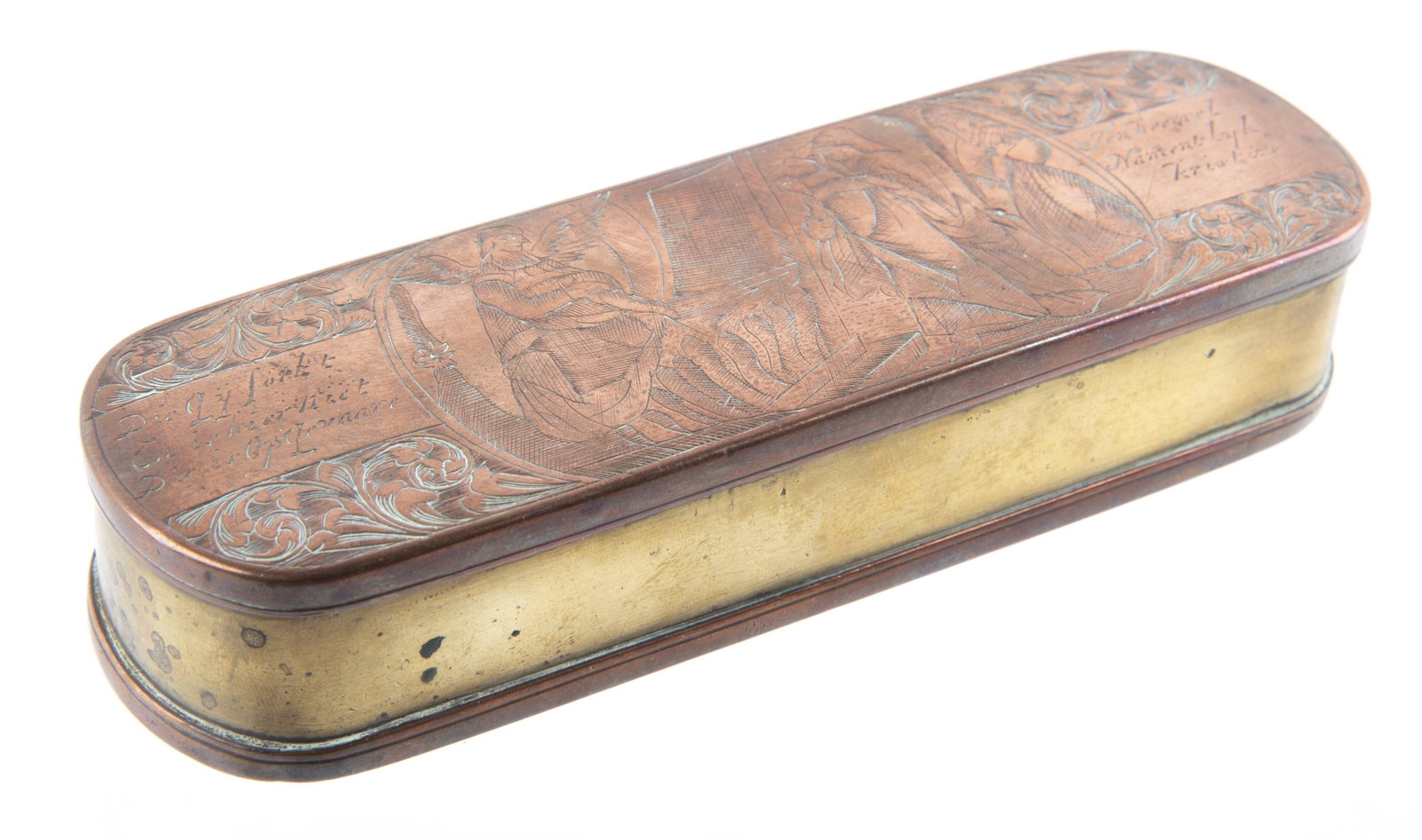 18th C. Dutch Brass & Copper Tobacco Box: DESCRIPTION: Dutch tobacco box. 18th century. Copper lid and base with engraved religious scenes and text associated with the ascension of Christ. Brass body. Unmarked. MEASUREMENTS: 6-1/4" x 2" x 1-1