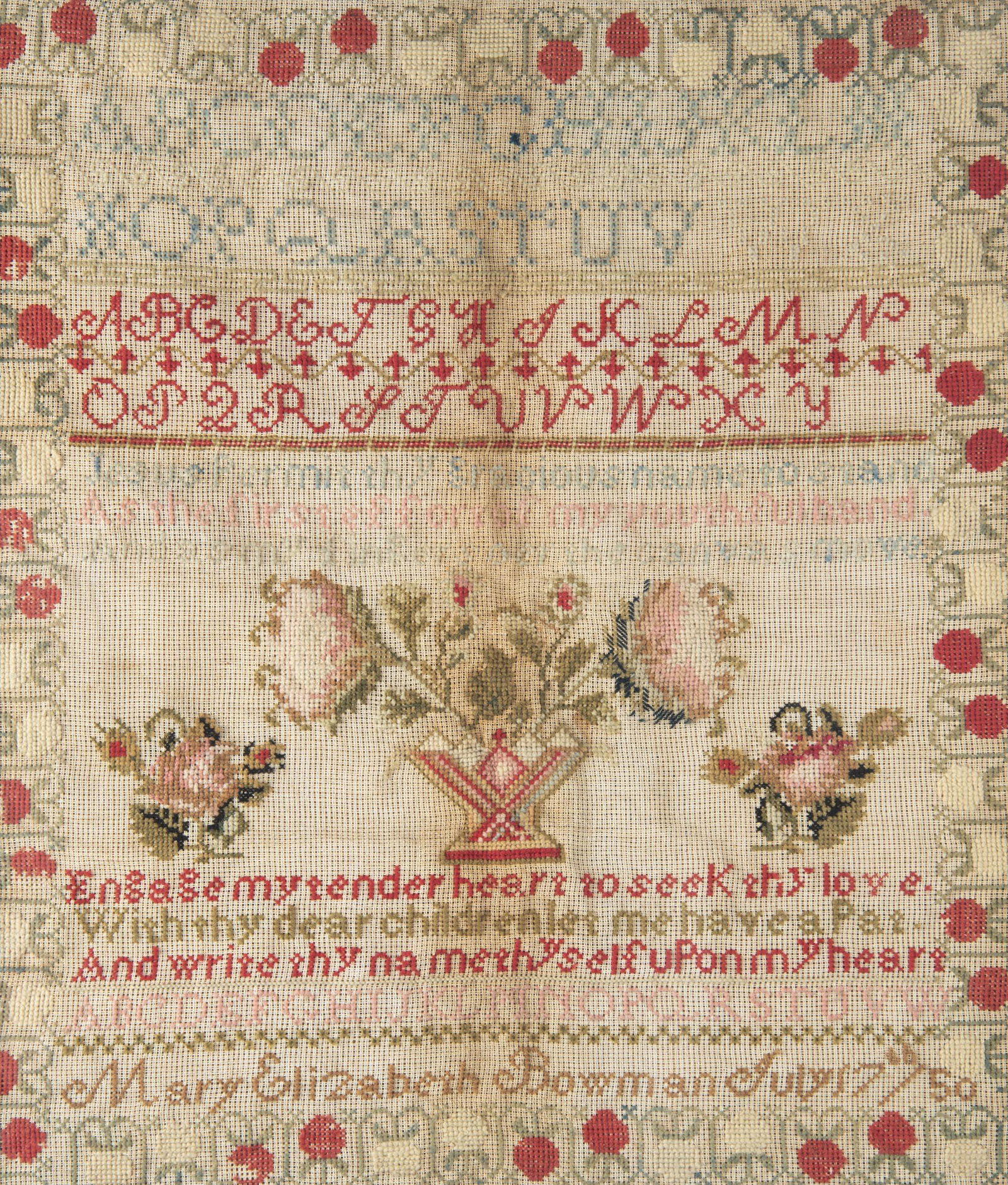 Mary Elizabeth Bowman Alphabet Sampler, 1850: DESCRIPTION: Mary Elizabeth Bowman alphabet sampler. Needlepoint with three sets of alphabet lettering, prayer in poem form, and floral decoration stitched into linen. Dated "July 17th/50". With flora