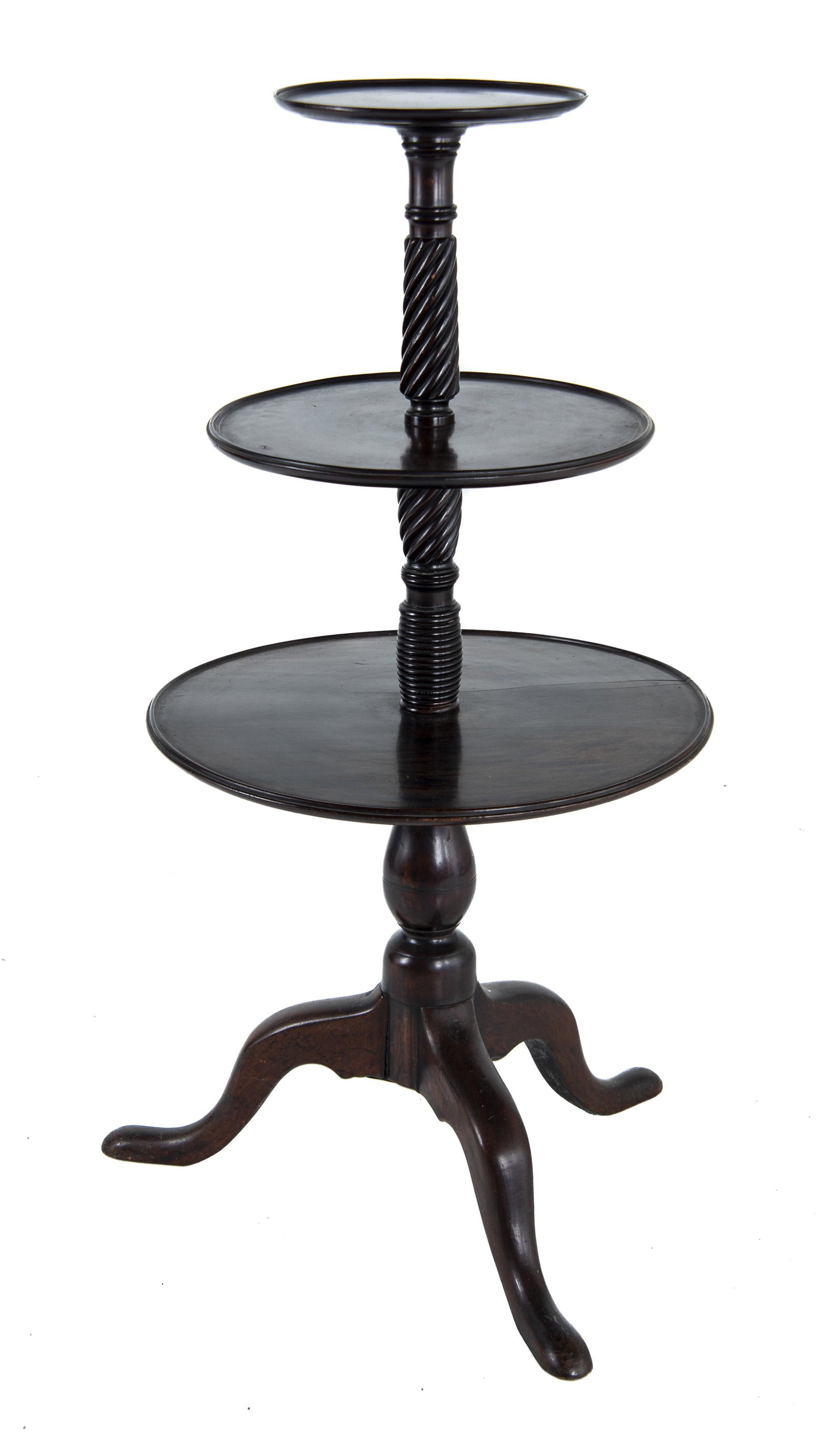 Queen Anne 3 Tier Table: DESCRIPTION: Queen Anne three tier mahogany table. Features spindle posts and raised rim. MEASUREMENTS: 28" diameter x 46" high. CONDITION: Light surface wear.