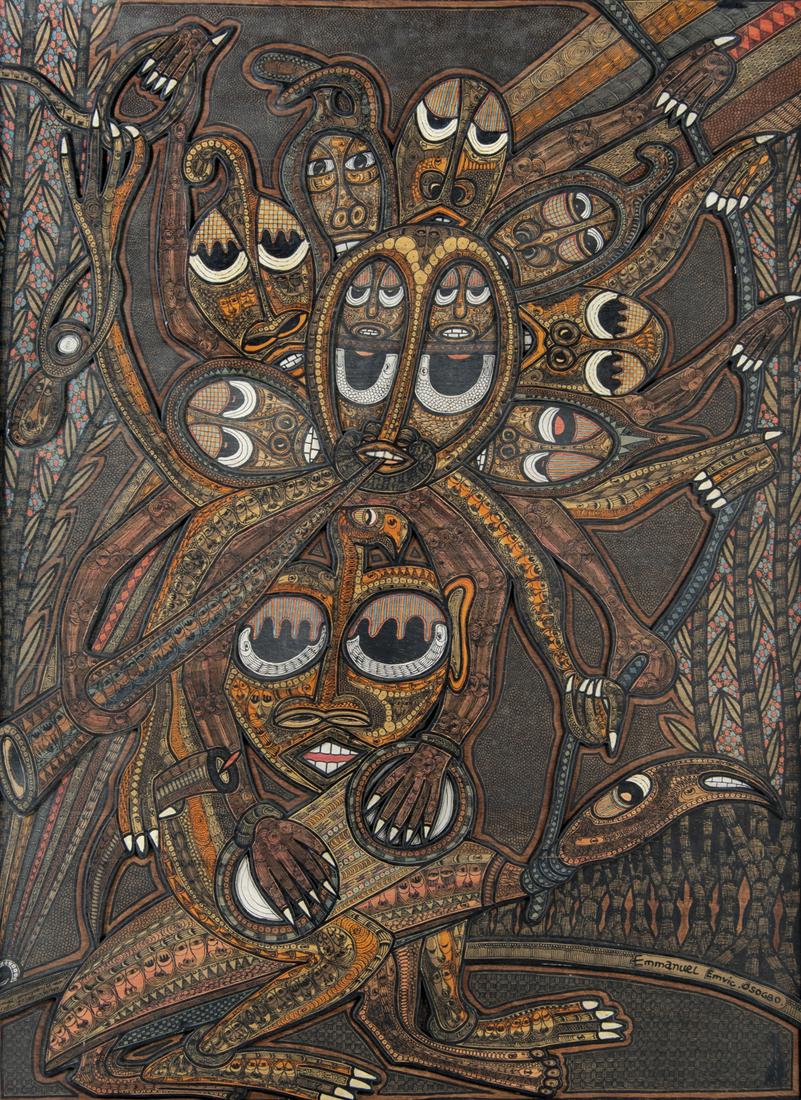 Emmanuel Emvic (Nigerian, 20th Century): DESCRIPTION: Emmanual Emvic (Nigerian, 20 century). Ink and paint on carved wood. Shape in the Rainbow. Signed twice lower right "Emmanuel Emvic Osogbo". Titled lower left. In wood frame. MEASUREMENTS