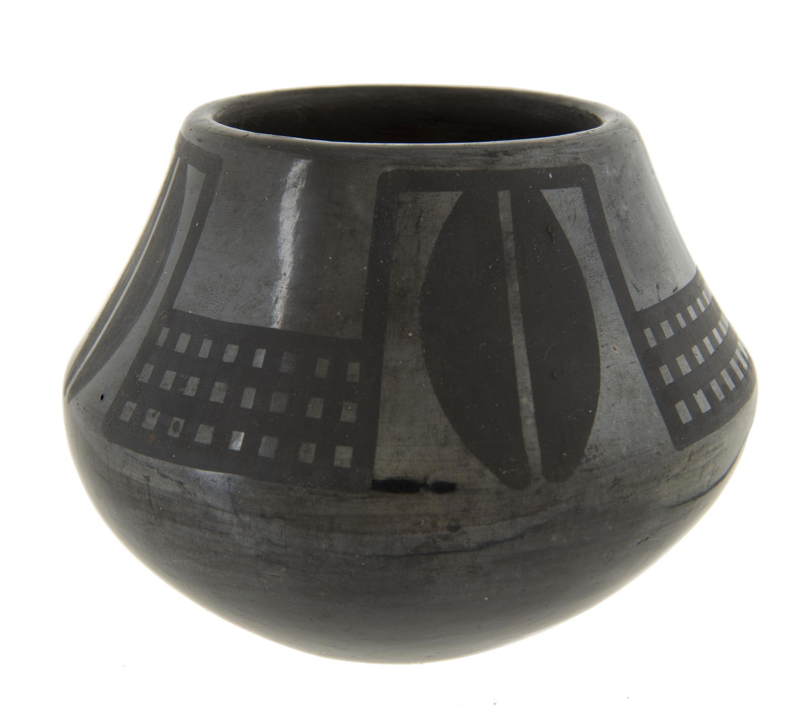Marie & Julian Martinez San Ildefonso Blackware: DESCRITION: Marie & Julian Martinez San Ildefonso black on black pottery vase. Signed on bottom "Marie & Julian". With geometric shell design to upper slant. MEASUREMENTS: 4-3/4" x 3-1/2". CONDITION: