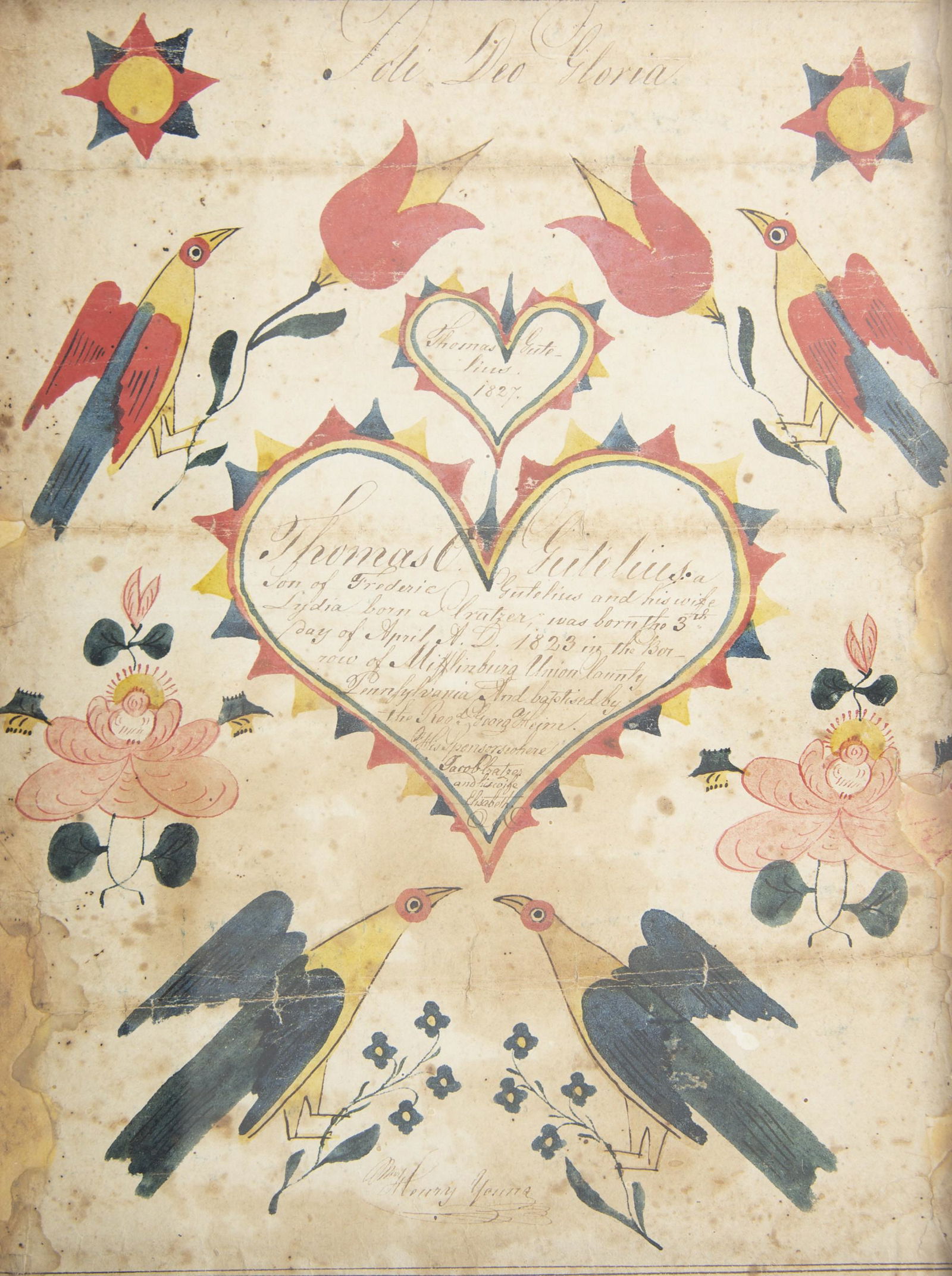 Henry Young (Pennsylvania, 1792-1861): DESCRIPTION: Henry Young (Pennsylvania, 1792-1861). Fraktur birth and baptismal certificate for Thomas Guteline of Mifflinburg Union County, PA. Hand drawn with tulips, hearts, and birds. Signed "Henr