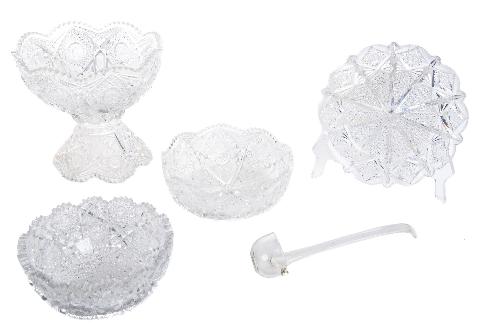 4 Pcs American Brilliant Cut Glass: DESCRIPTION: Four pieces American Brilliant cut glass in the hobstar pattern. Includes 9" bowl, 8" bowl, 10-1/4" dish with "Hawkes" acid mark, and two piece 10" x 9" punch bowl on stand with ladle. ME