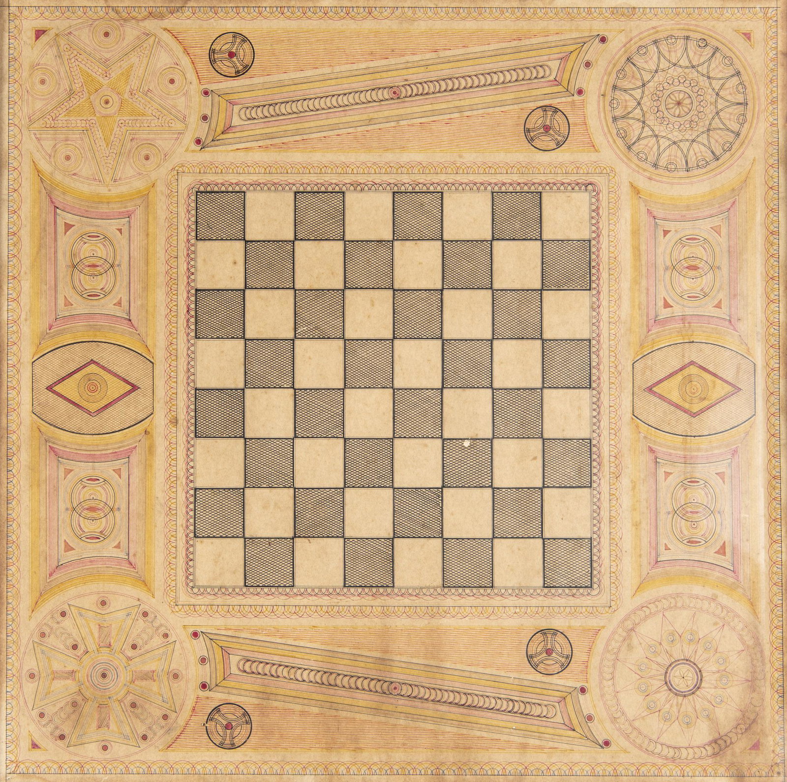 19th C. Compass Work Checkerboard: DESCRIPTION: 1890s compass work checkerboard. With parcheesi style border. In wood frame. MEASUREMENTS: Sight 18" x 18". Overall with frame 19-3/4" x 19-3/4". CONDITION: Toning with soiling stains to 