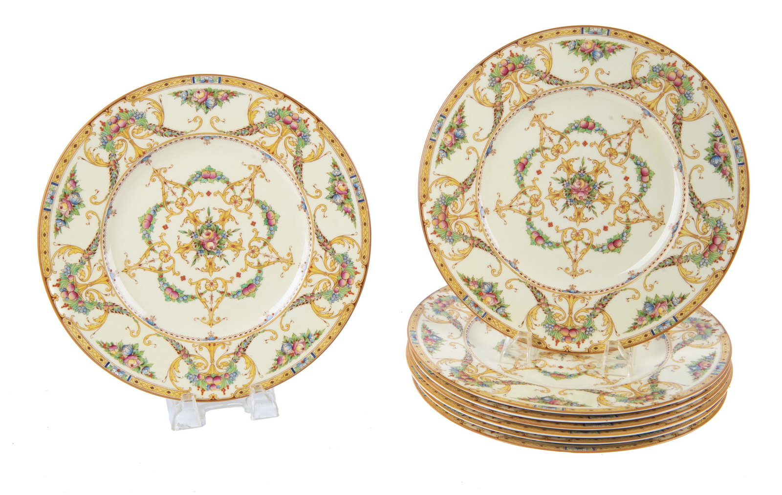8 Royal Worcester Buckingham Yellow Dinner Plates: DESCRIPTION: Eight Royal Worcester dinner plates in the Buckingham Yellow pattern. Marked on bottom. MEASUREMENTS: 10-1/2". CONDITION: Light wear.