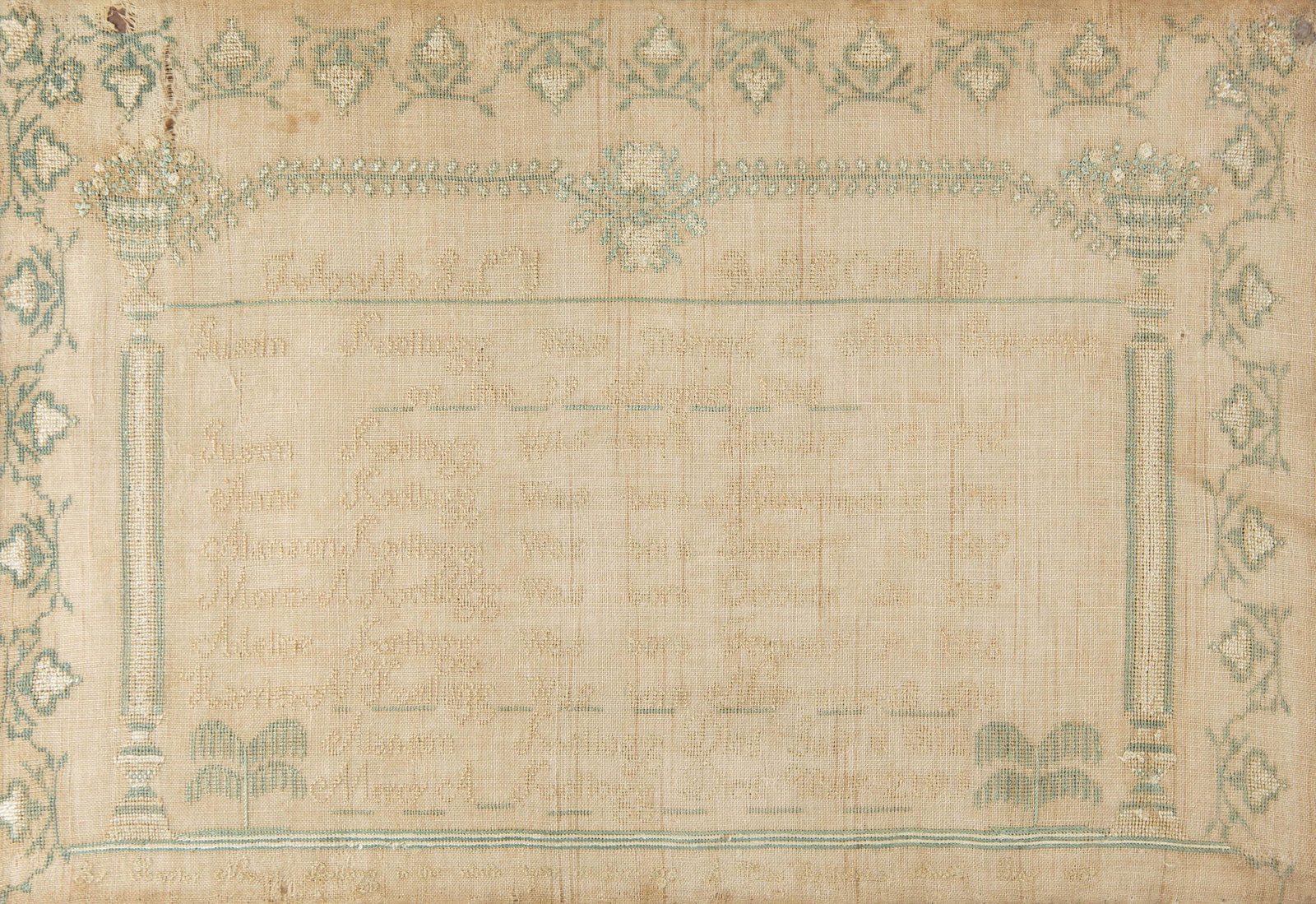 Phila. Birth Record Sampler, 18th/19th C.: DESCRIPTION: Birth record sampler. Kellogg family of Philadelphia, PA. Dated 1781-1819. Cream and green on linen. In wood frame. MEASUREMENTS: Sight 17-1/4" x 25-1/2". Overall with frame 19-1/2" x 27-