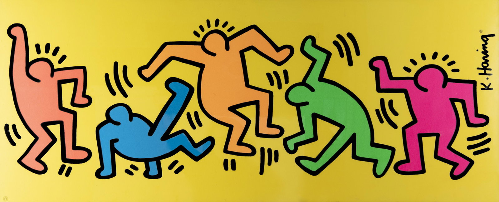 Keith Haring (American, 1958-1990): DESCRIPTION: Untitled (Dancers). Lithograph. Signed at right and stamped bottom left. Printed 1992 by the Keith Haring Estate. In black aluminum frame. MEASUREMENTS: Sight 19" x 47". Overall with fram