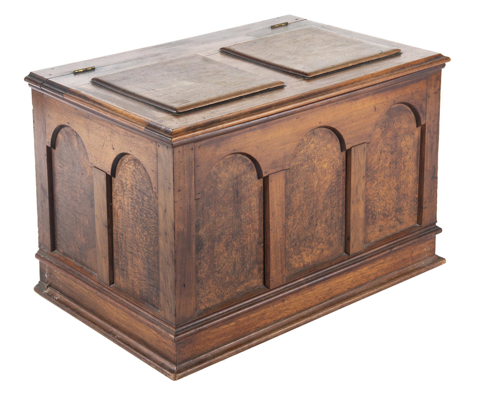 Walnut Chest: DESCRIPTION: Walnut lift top chest. With arched panels and molding. MEASUREMENTS: 30-5/8" wide x 19-5/8" deep x 20-1/4" high. CONDITION: Light surface wear including scratching and spotting.