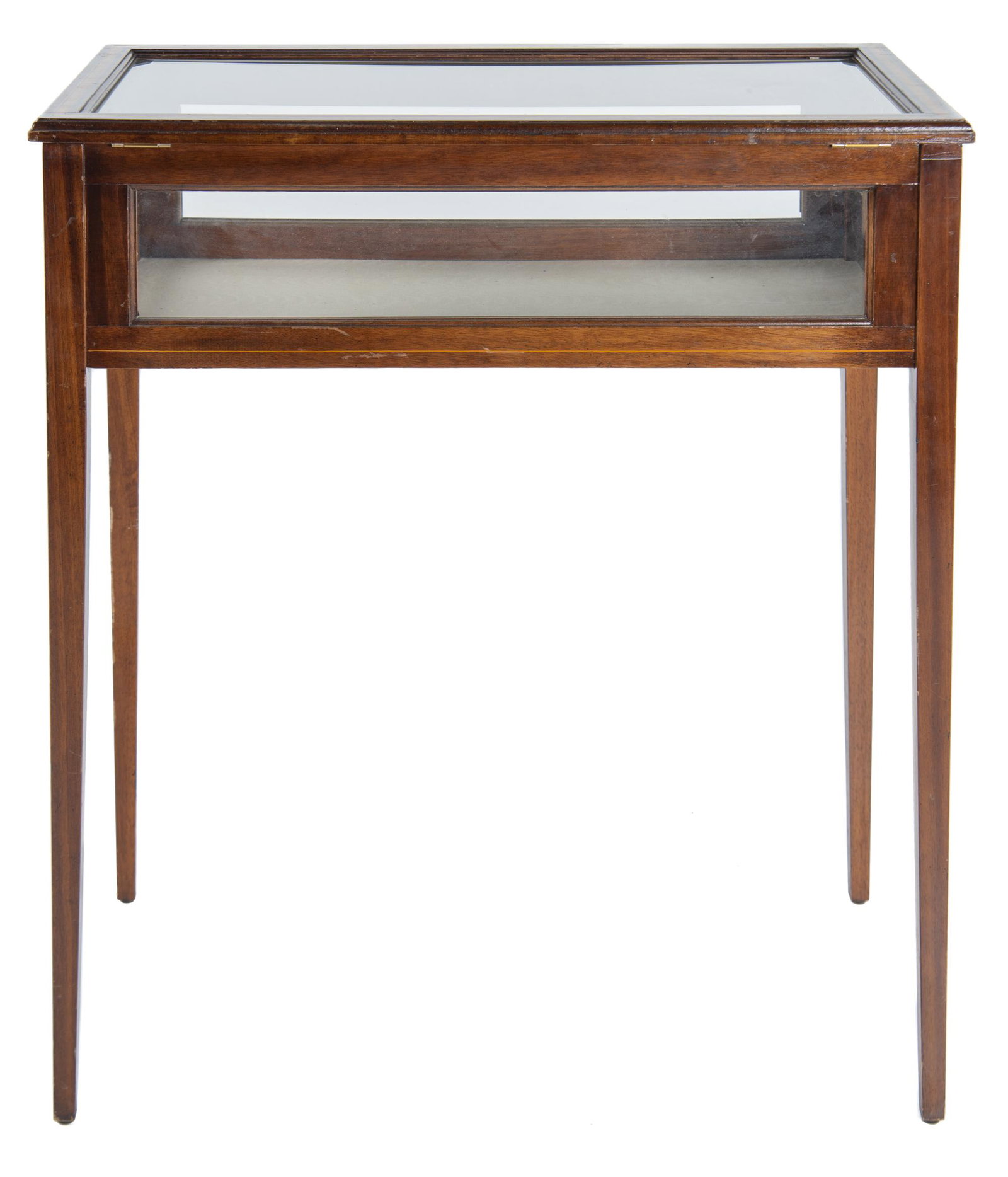 Hepplewhite Vitrine Table: DESCRIPTION: Mahogany Hepplewhite vitrrine table. Early 20th century. With beveled glass lift top, glass sides, and square tapered legs. MEASUREMENTS: 32" wide x 17-1/2" deep x 35-1/2" high. CONDITION