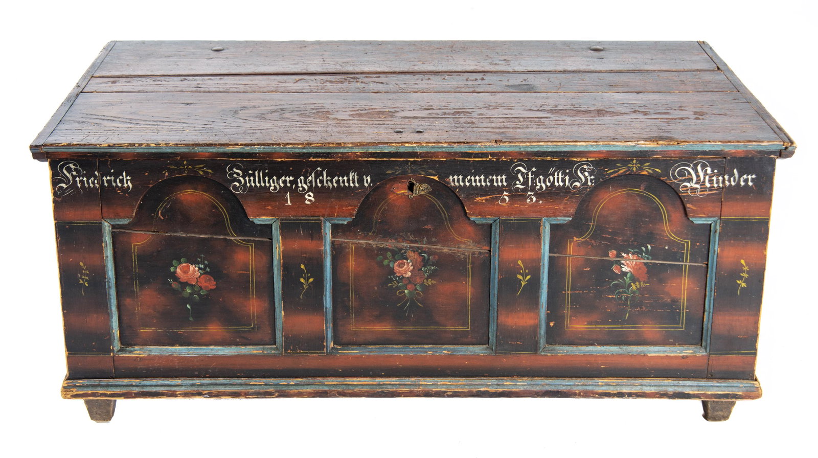 German Blanket Chest: DESCRIPTION: Softwood (probably European fir) painted blanket chest made for Frederick Zulliger and dated 1835. Case with faux grain decoration, applied tombstone panels and stenciled floral decoratio