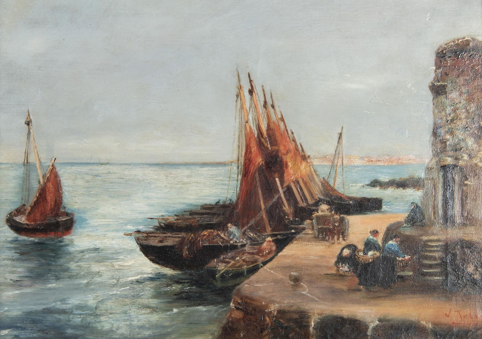 Francis E. Jamieson (English, 1895-1950): DESCRIPTION: Francis E. Jamieson (English, 1895-1950). Oil on canvas. Harbor scene. Signed "W. Richards" lower right. In ornate gilt and gesso frame. Jamieson is believed to have painted under eleven