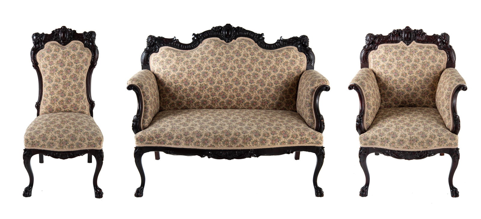 3 Pc Victorian Parlor Suite: DESCRIPTION: Three piece Victorian parlor suite. Includes settee, side chair, and arm chair. Cream, pink, green, and blue floral fabric with claw feet. MEASUREMENTS: Settee 52" wide x 25" deep x 40" h