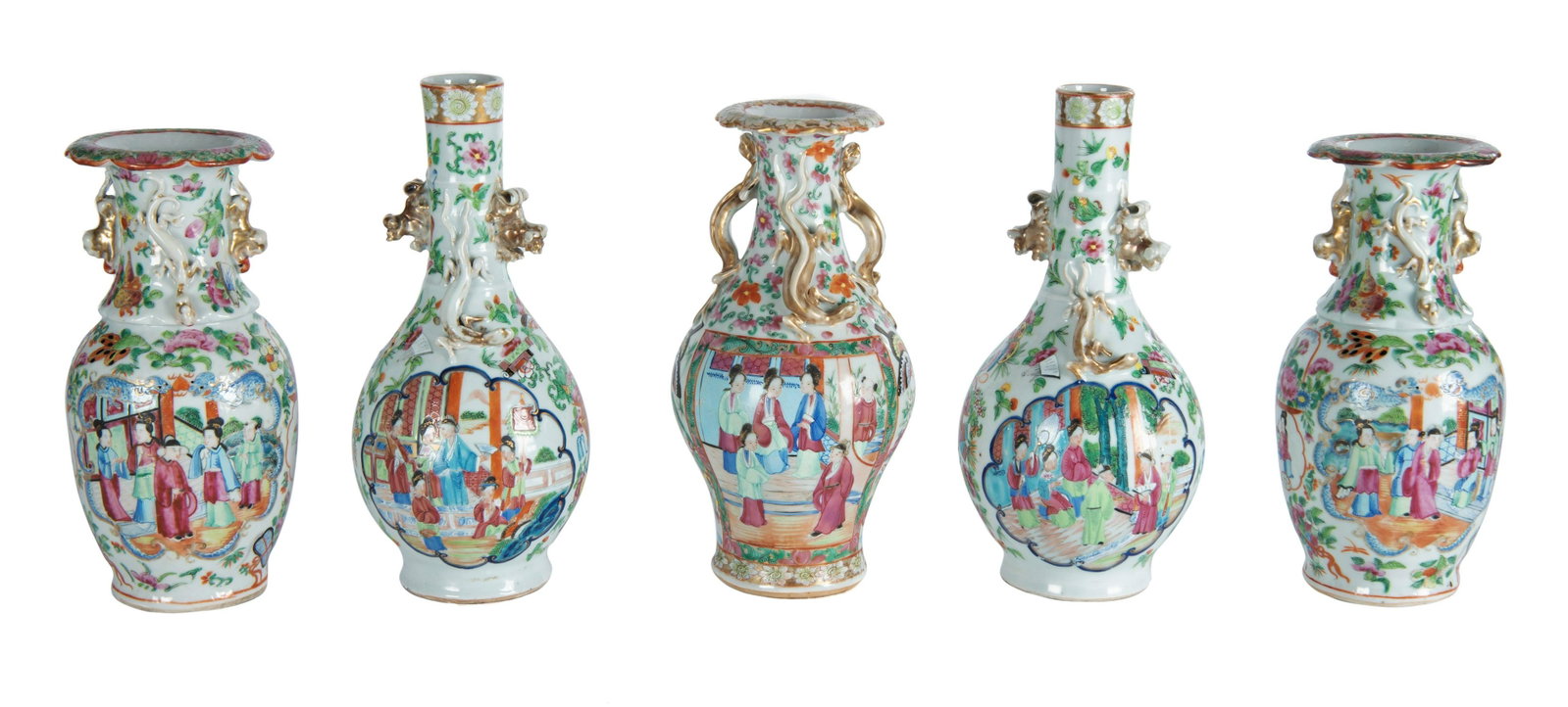 5 Pc Chinese Garniture, 18th/19th C: DESCRIPTION: Five piece Chinese garniture. 18th/19th century. Two 10" high bud vases and three 9-1/2" high baluster form vases, each with cartouches showing court scenes and applied dragons to throats
