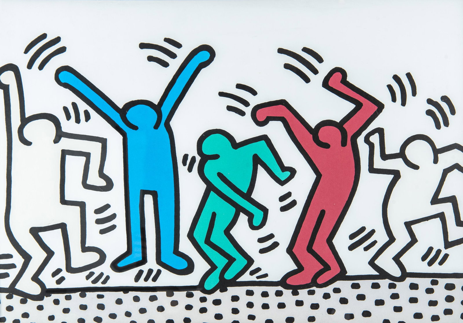 Keith Haring (American, 1958-1990): DESCRIPTION: Untitled (Dance). Lithograph. In black aluminum frame. MEASUREMENTS: Sight 18" x 26". Overall with frame 18-1/2" x 26-1/2". CONDITION: Cut down.