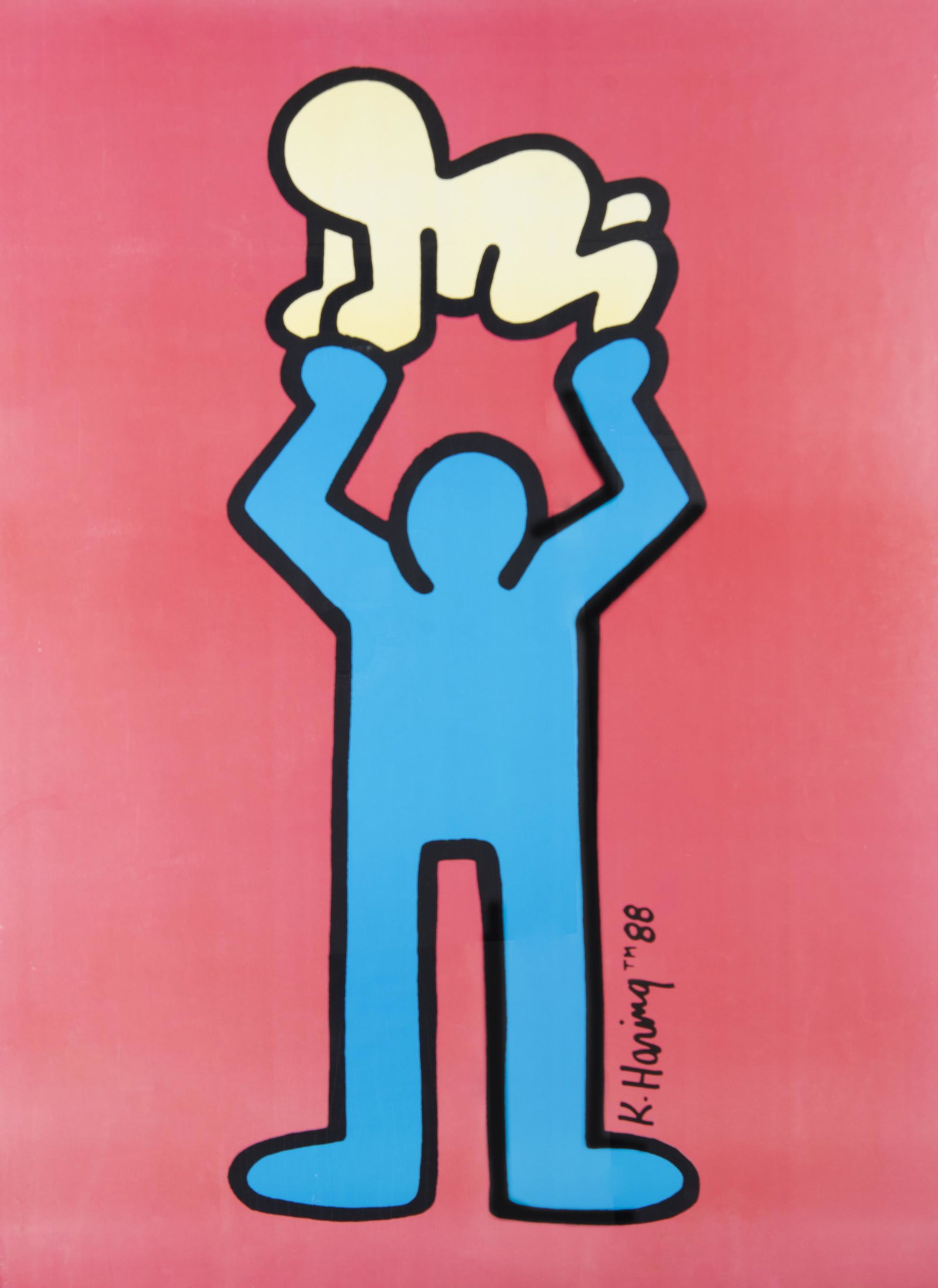 Keith Haring (American, 1958-1990): DESCRIPTION: Radiant Man and Baby. Lithograph. Signed bottom right. Estate of Keith Haring stamp bottom left. In black frame. MEASUREMENTS: Sight 23" x 31". Overall with frame 25" x 33". CONDITION: Sc
