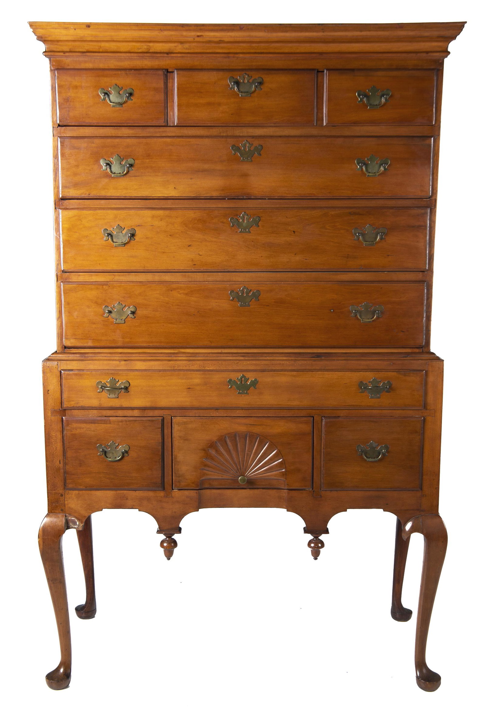 Queen Anne Flat Top Highboy: DESCRIPTION: Queen Anne flat top cherry highboy chest on stand. American, probably New England. Mid 18th century. Two part construction with eight drawers, cabriole legs and pad feet, and fan carving.