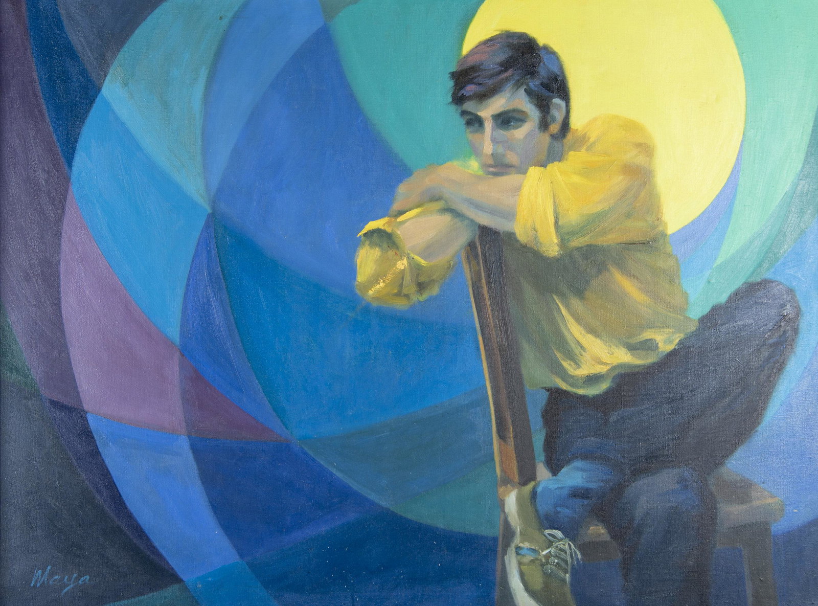 Maya Schock (Japanese/American, 1928-1975): DESCRIPTION: Maya Schock (Japanese/American, 1928-1975). Oil on canvas. Portrait of a man. Signed "Maya" lower left. In gallery frame. MEASUREMENTS: Sight 28" x 37-3/4". Overall with frame 28-3/4" x 3